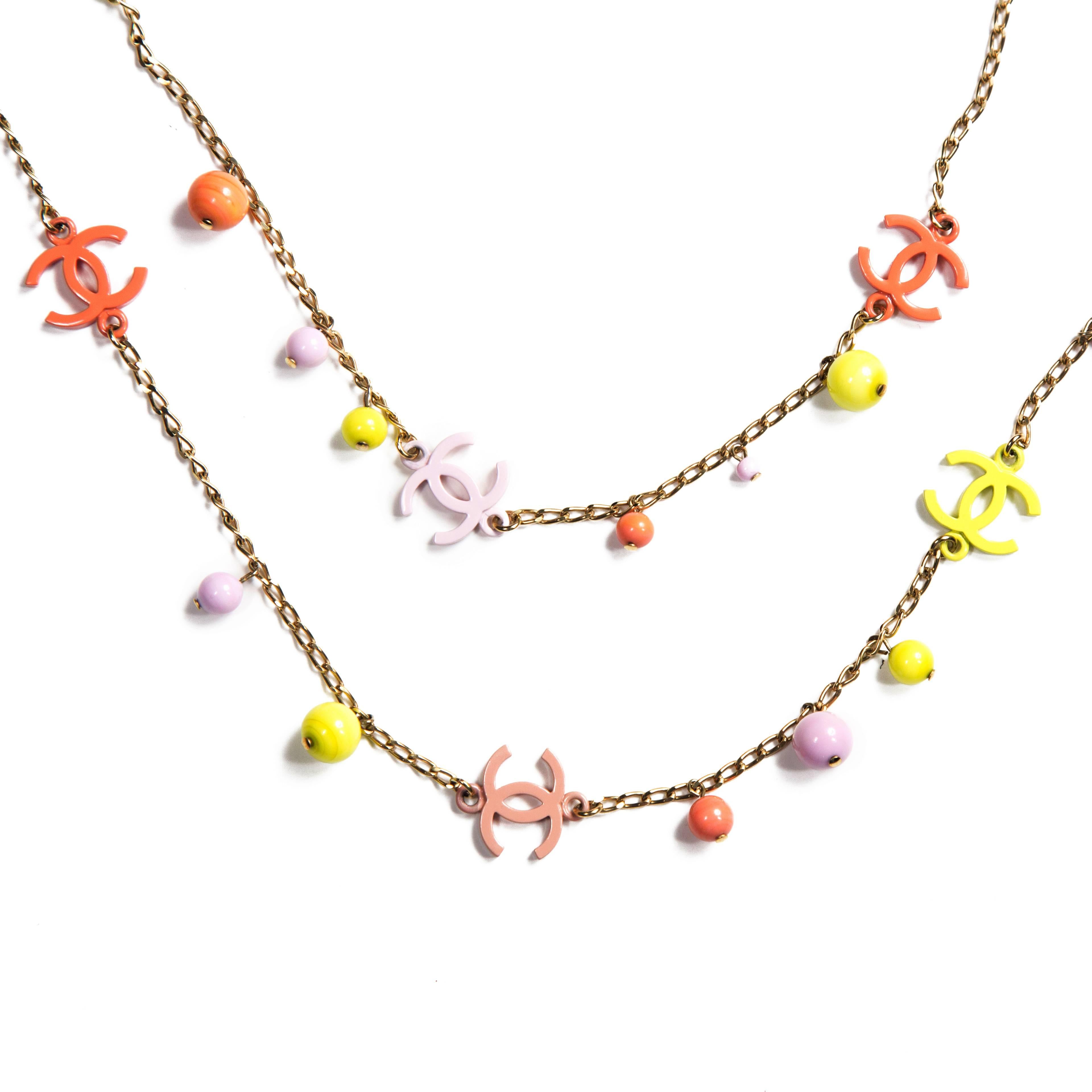 Chanel Pearl Necklace - CC Charm Pink Yellow Logo Chain Pendant Bead Gold 03S 1