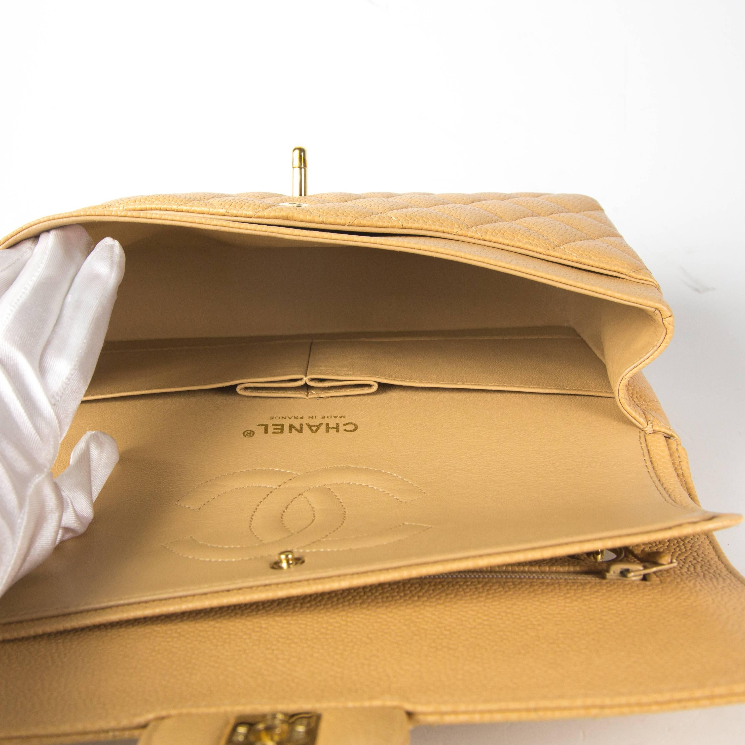 Women's Chanel Caviar Double Flap Bag - Tan Beige Quilted Leather Medium CC Gold Handbag