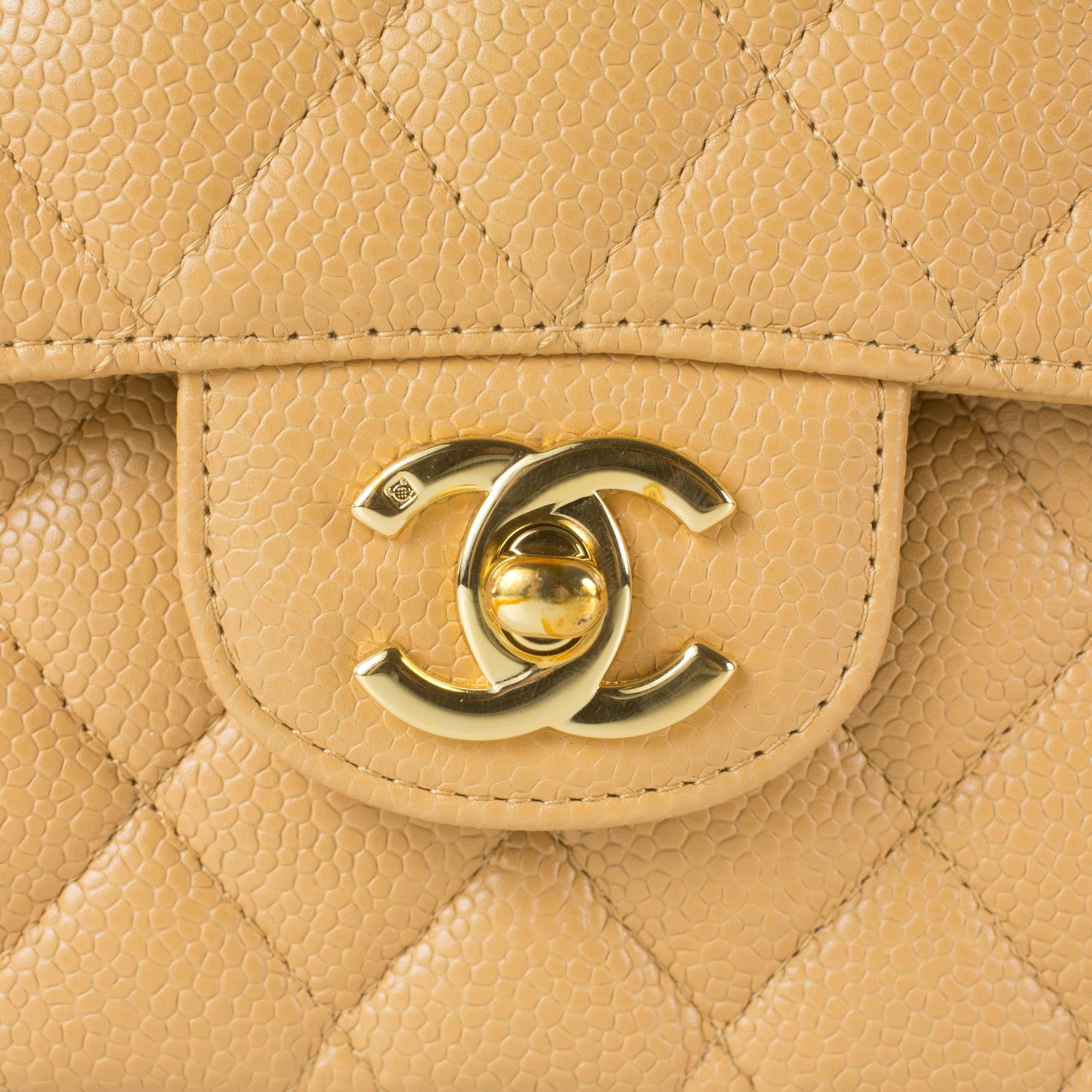 Orange Chanel Caviar Double Flap Bag - Tan Beige Quilted Leather Medium CC Gold Handbag