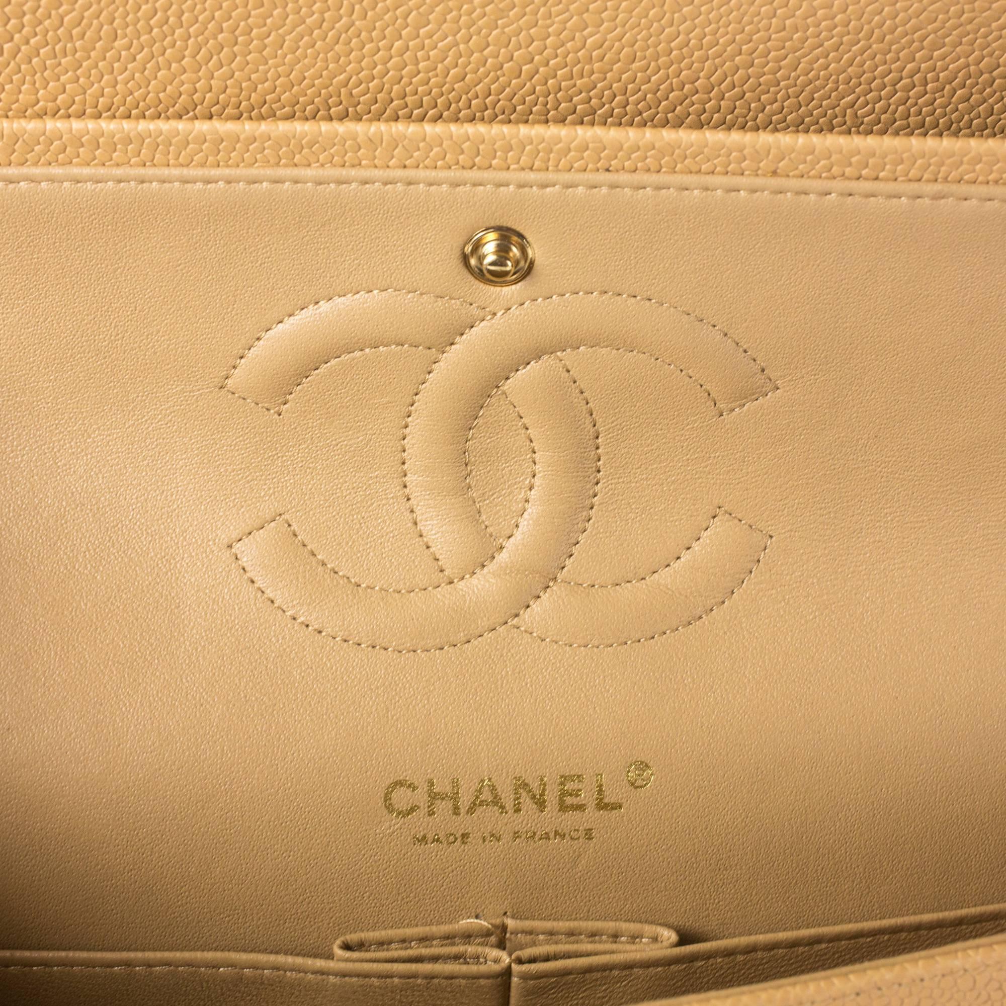Chanel Caviar Double Flap Bag - Tan Beige Quilted Leather Medium CC Gold Handbag 1