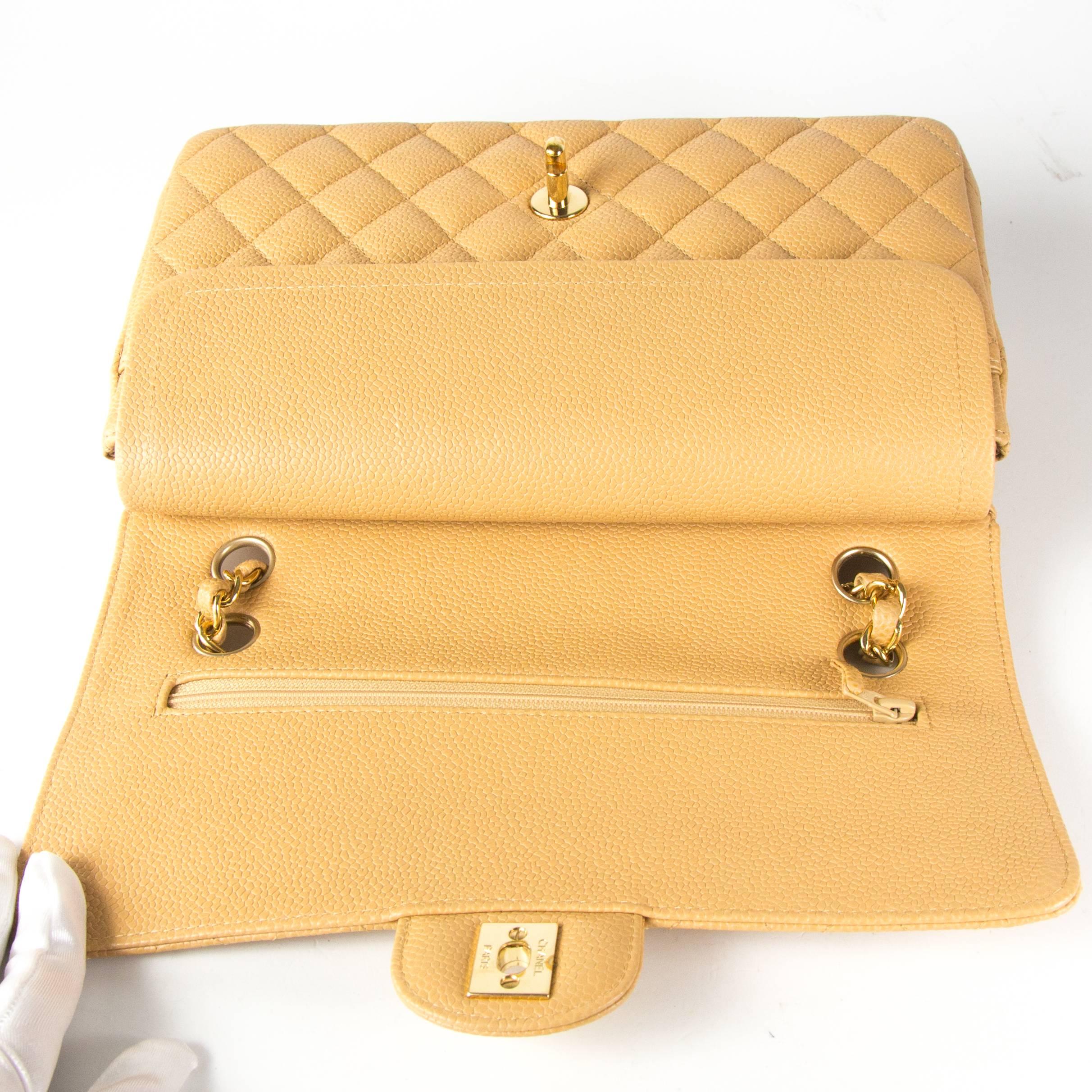 Chanel Caviar Double Flap Bag - Tan Beige Quilted Leather Medium CC Gold Handbag In Good Condition In Prahran, Victoria
