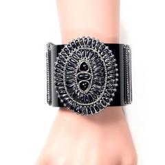 Chanel Bracelet - 2014 - Cuff Black Resin CC Logo Silver Medallion Gripoix Chain