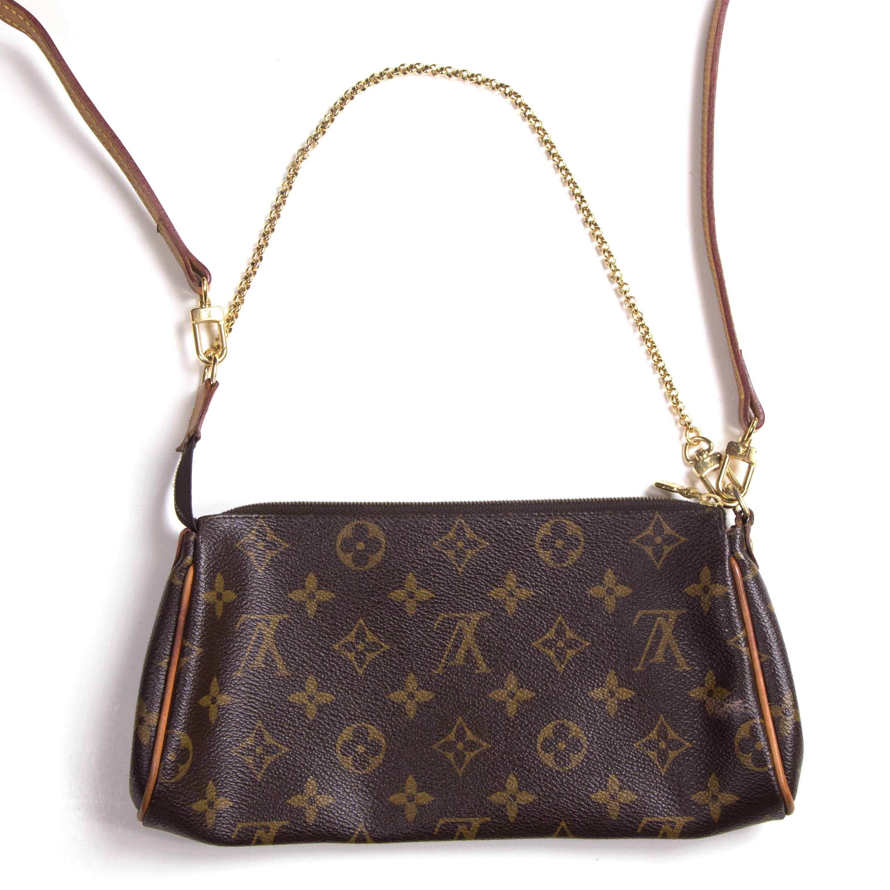 Louis Vuitton - Eva Pochete Shoulder Bag

Color: Brown / Tan

------------------------------------------------------------

Details:

- detachable shoulder strap

- short chain strap

- gold tone hardware

- zip top closure

- LV