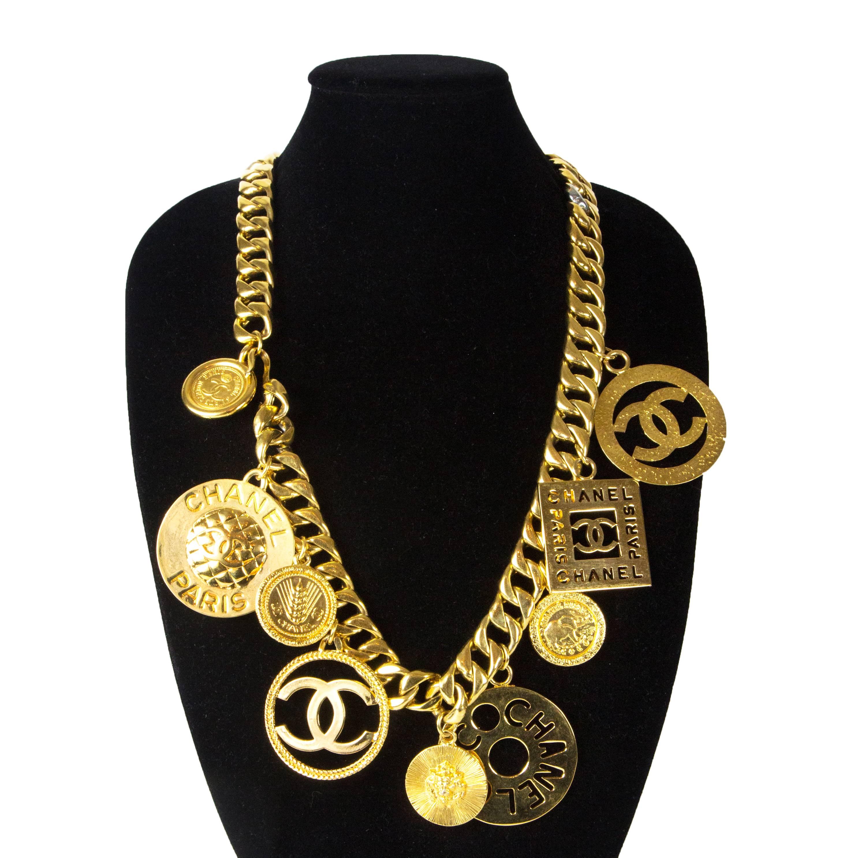 Chanel - Vintage XL Charm Necklace

Color: Gold

Material: Metal

------------------------------------------------------------

Details:

- gold tone hardware

- oversized medallion charms

- cc and chanel logos throughout

- hook