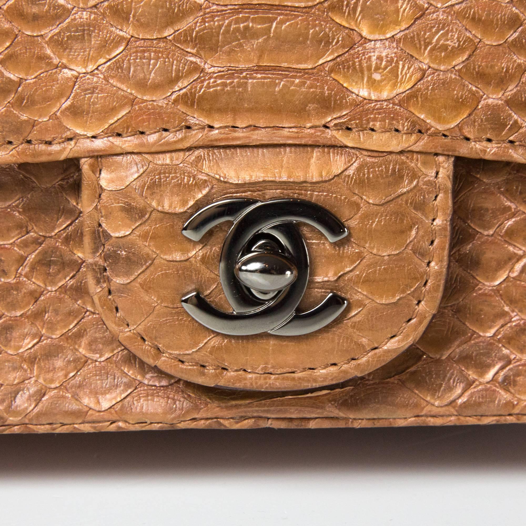 Orange Chanel Python Brown Leather Bag Semi Precious Stones Gripoix CC Silver Snakeskin