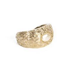 Chanel Bracelet - Cuff Gold Feather Textured Pearl XL Wide Bangle CC Charm 03A