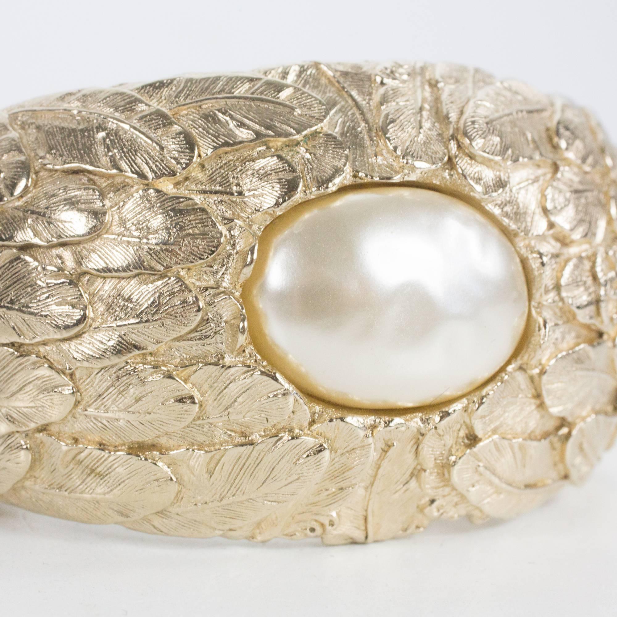 Women's Chanel Bracelet - Cuff Gold Feather Textured Pearl XL Wide Bangle CC Charm 03A