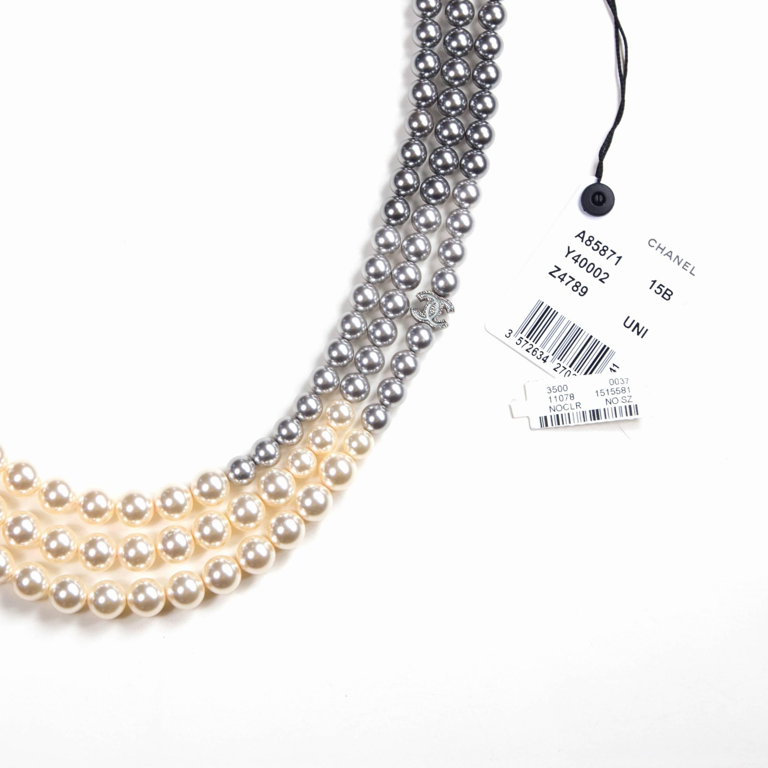 Chanel 2015 Pearl Ombre Necklace XL New Gradient Gray White Bead Multistrand CC 4