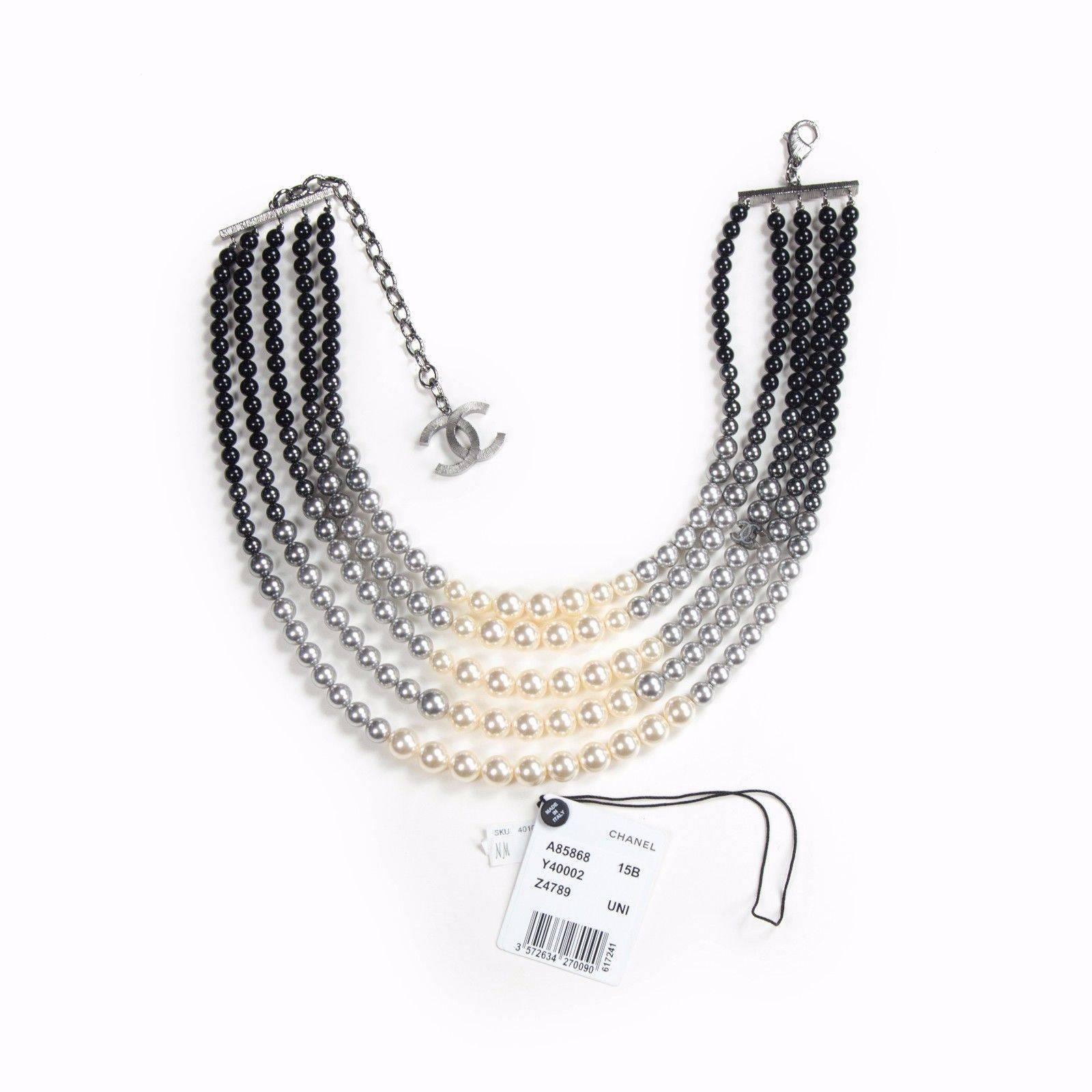 Chanel 2015 Pearl Ombre Necklace - New Gradient Gray White Bead Multistrand CC In New Condition In Prahran, Victoria