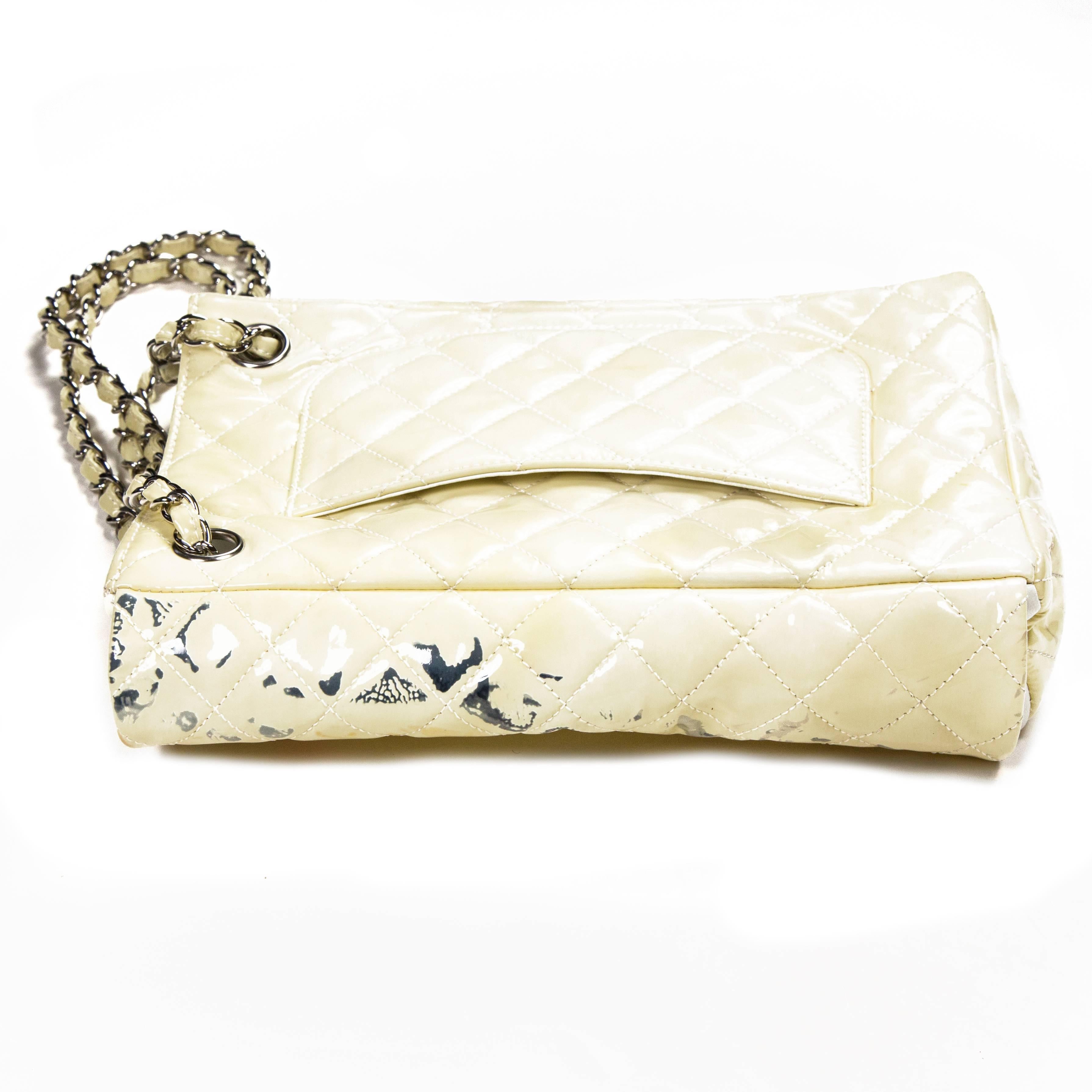 Beige Chanel Sideways Patent Medium Flap Bag - White Cream Leather CC Silver Chain 07