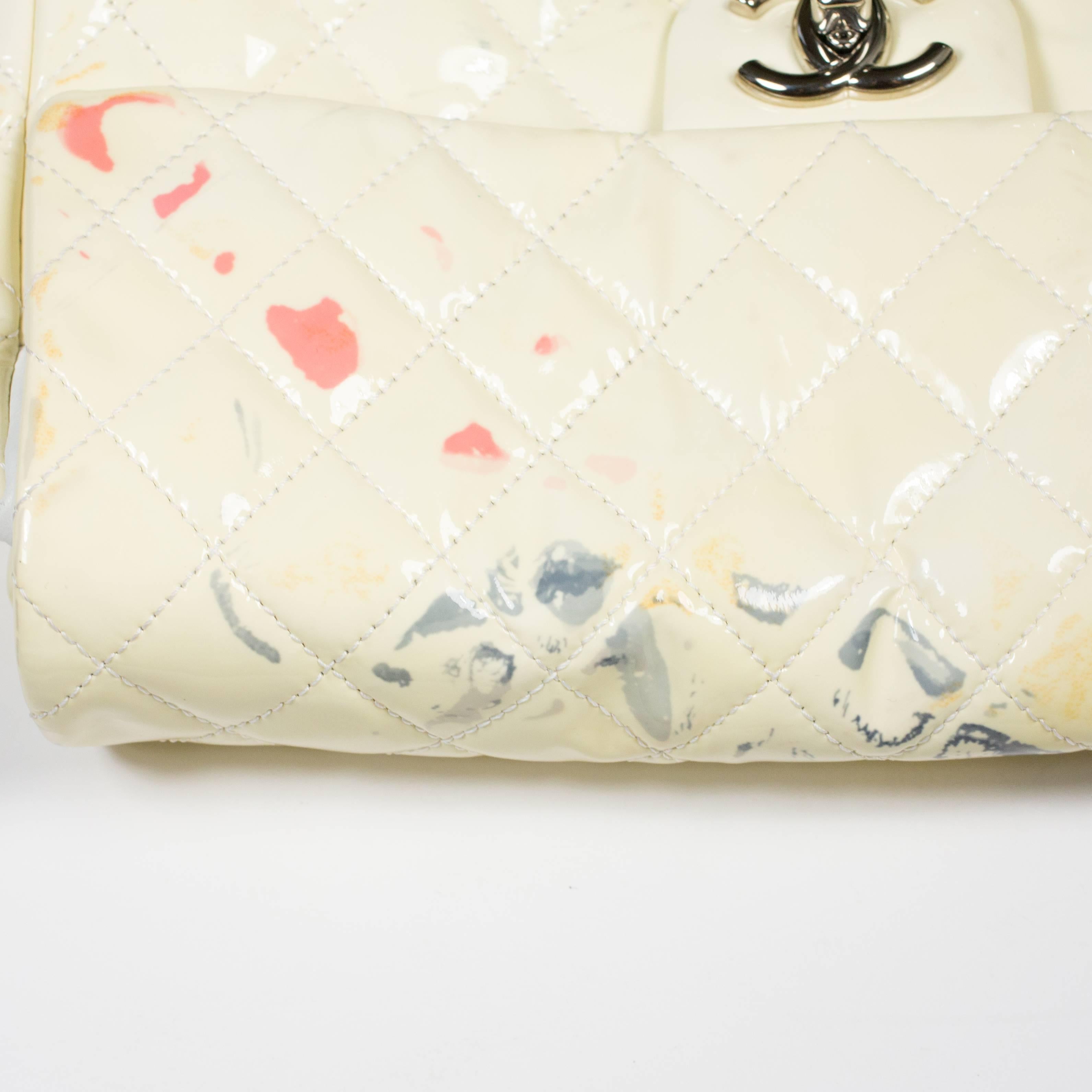 Women's Chanel Sideways Patent Medium Flap Bag - White Cream Leather CC Silver Chain 07