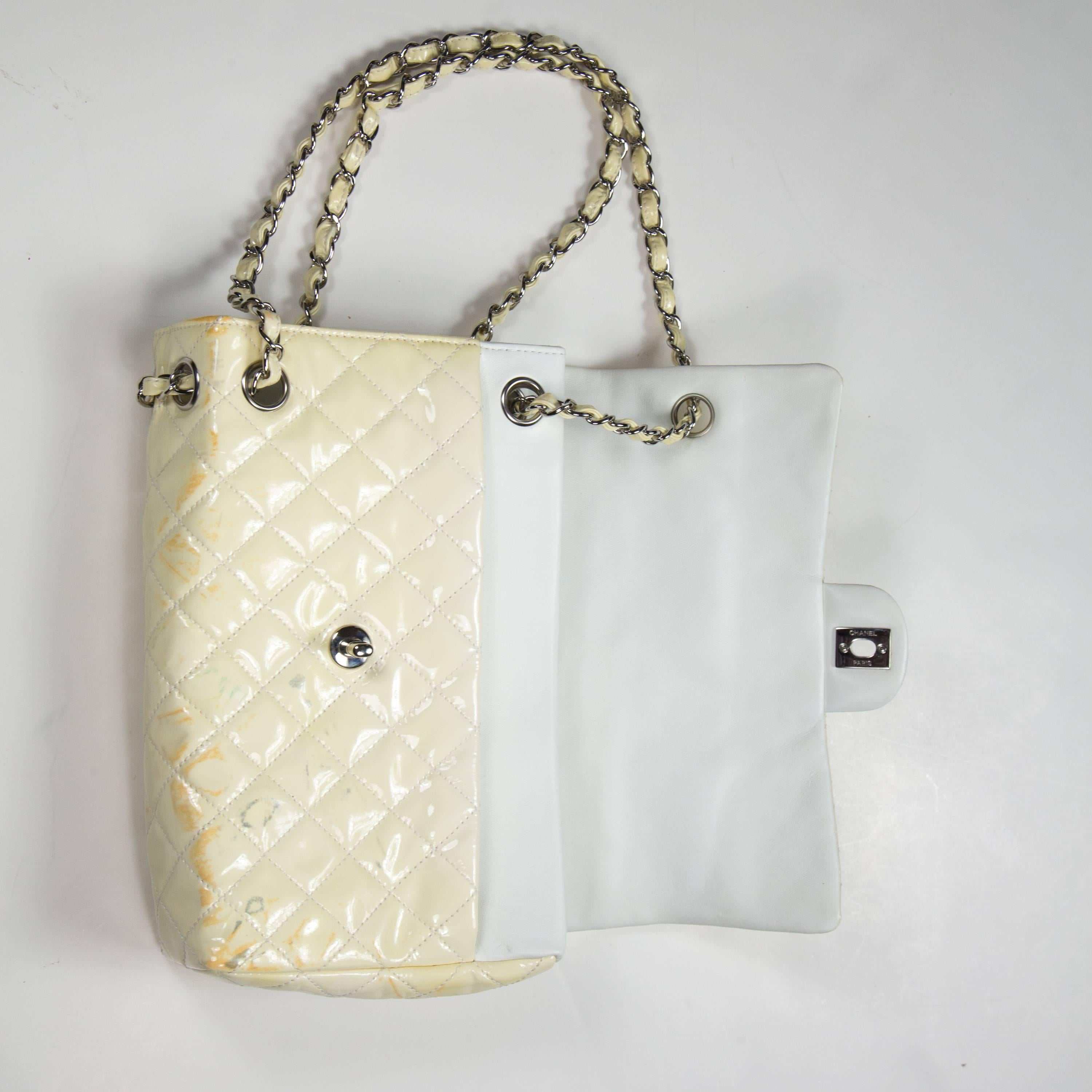 Chanel Sideways Patent Medium Flap Bag - White Cream Leather CC Silver Chain 07 2