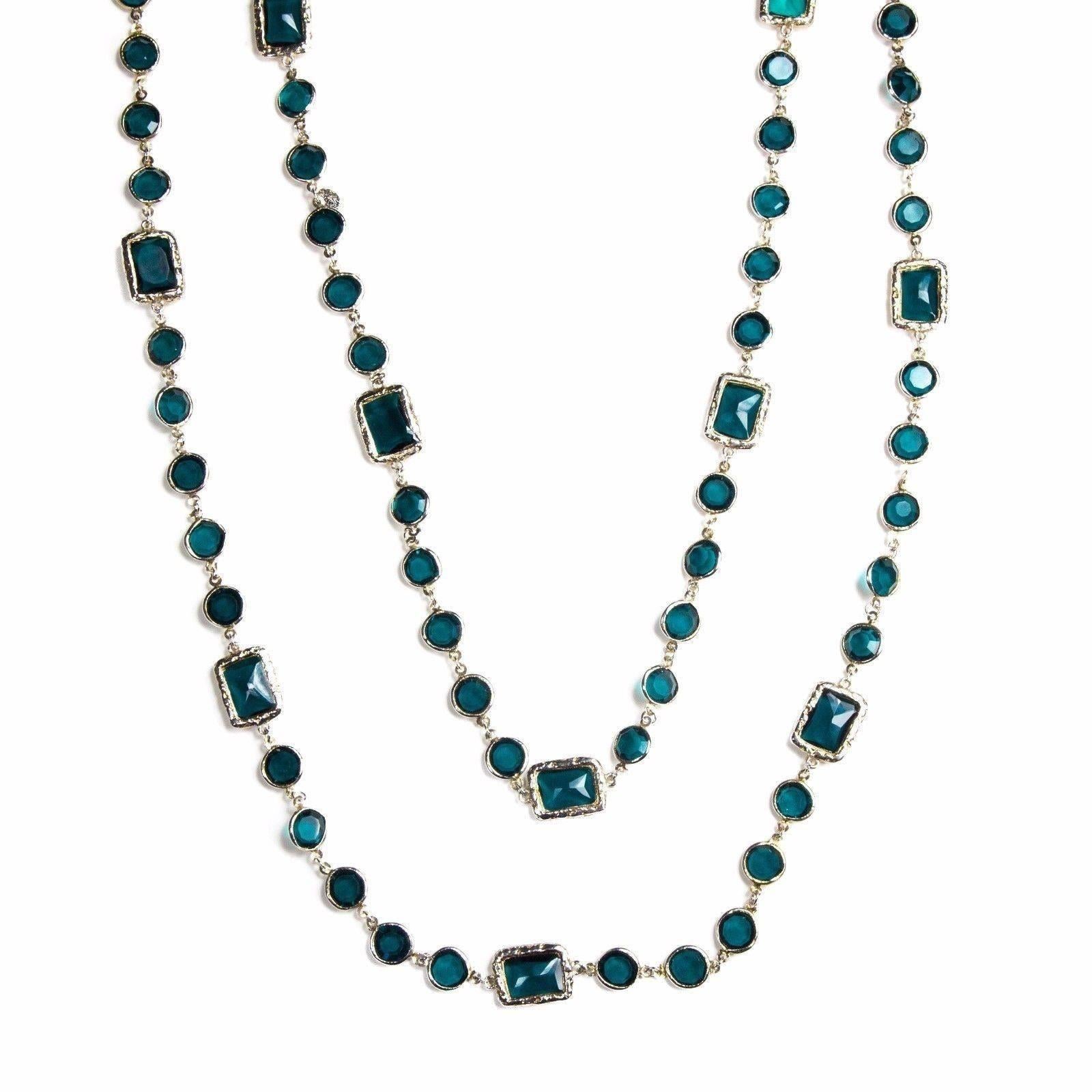 Women's or Men's Chanel Pearl Chicklet Necklace Teal Glass Gripoix Glass Charm Sautoir Vintage