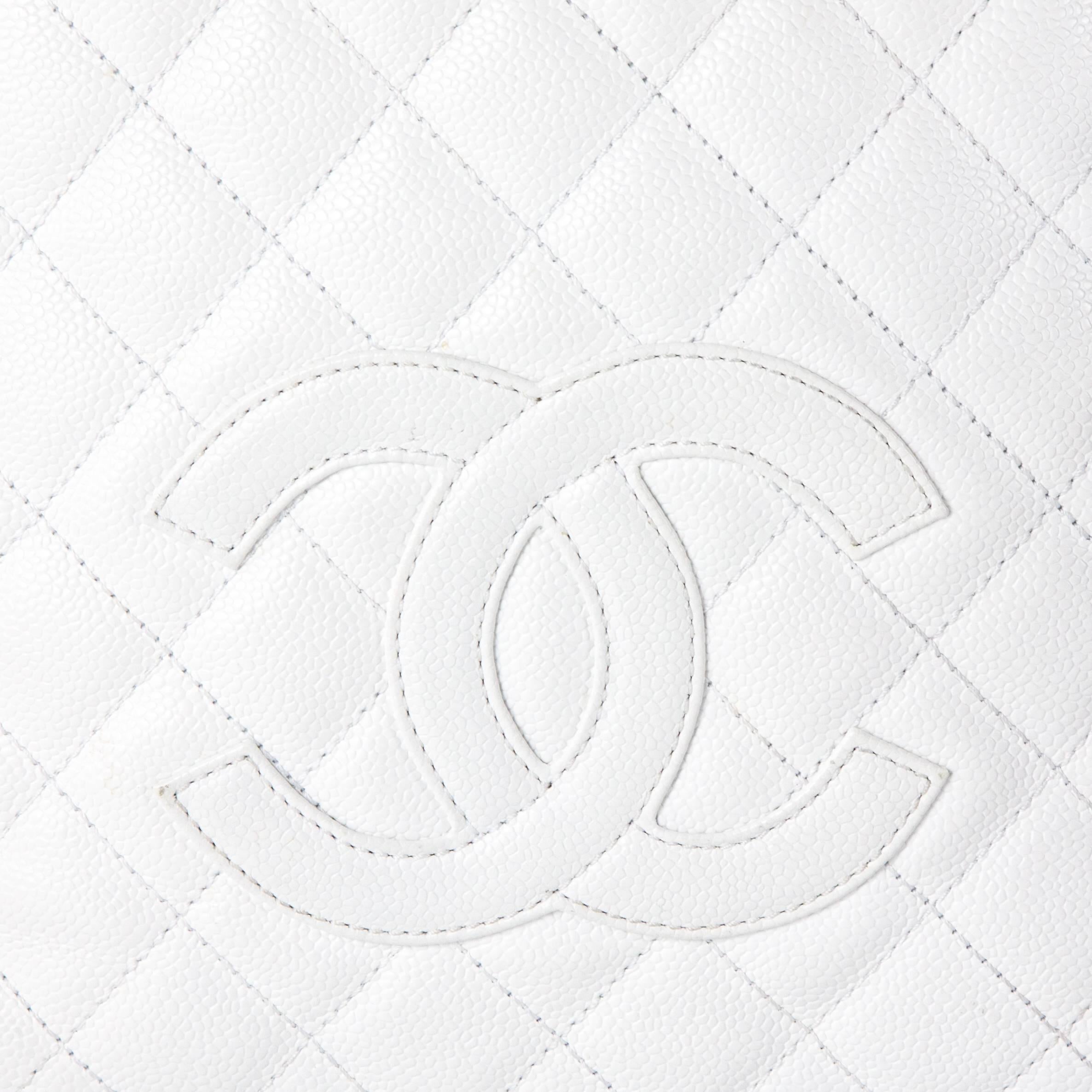 Women's Chanel Caviar Leather Tote Bag - Quilted White CC Logo Chain Silver Small GST
