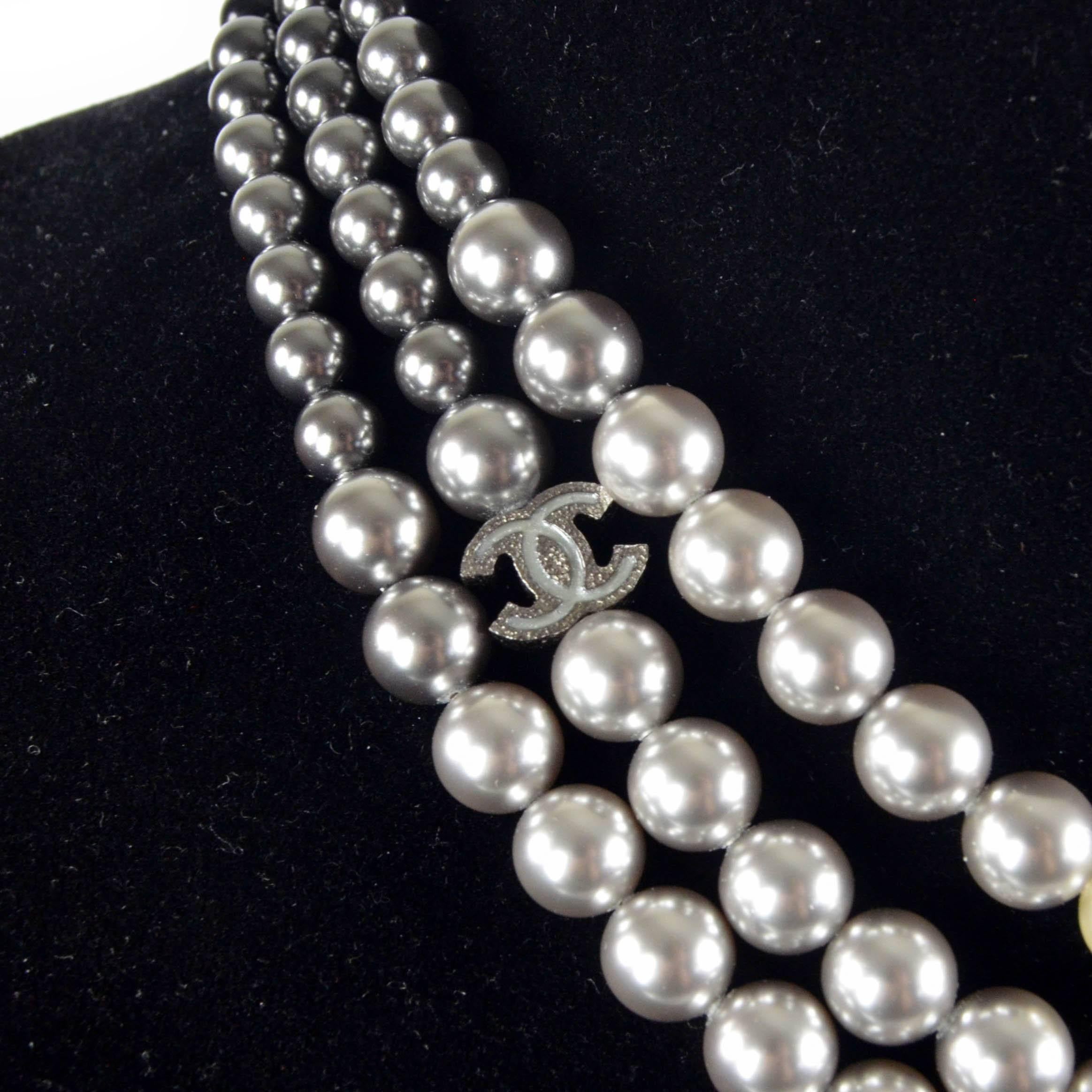 Chanel Pearl Ombre Necklace 2015 New - Gradient Black White Bead Multistrand CC In New Condition In Prahran, Victoria