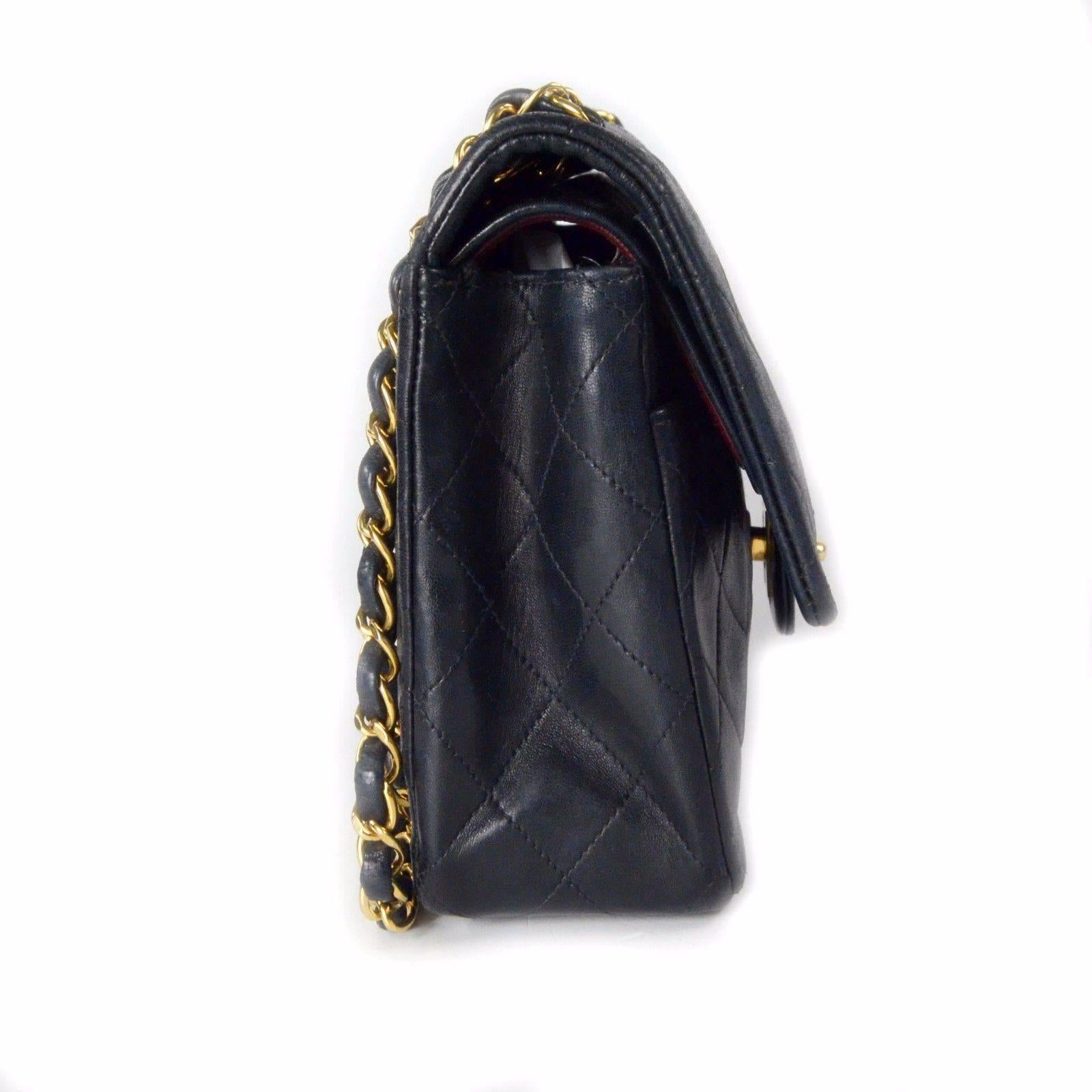 Women's Chanel Medium Black Leather Bag - Quilted Double Flap CC Gold Shoulder Handbag