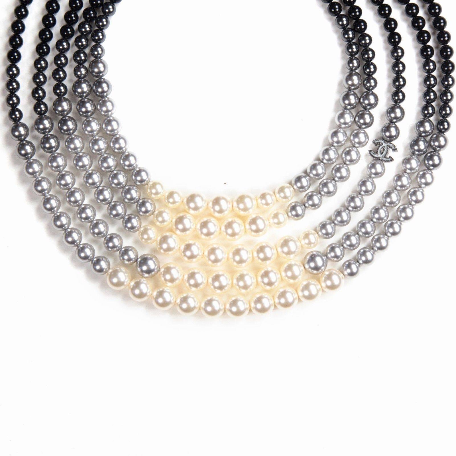 Chanel 2015 Pearl Ombre Necklace - New Gradient Gray White Bead Multistrand CC In New Condition In Prahran, Victoria