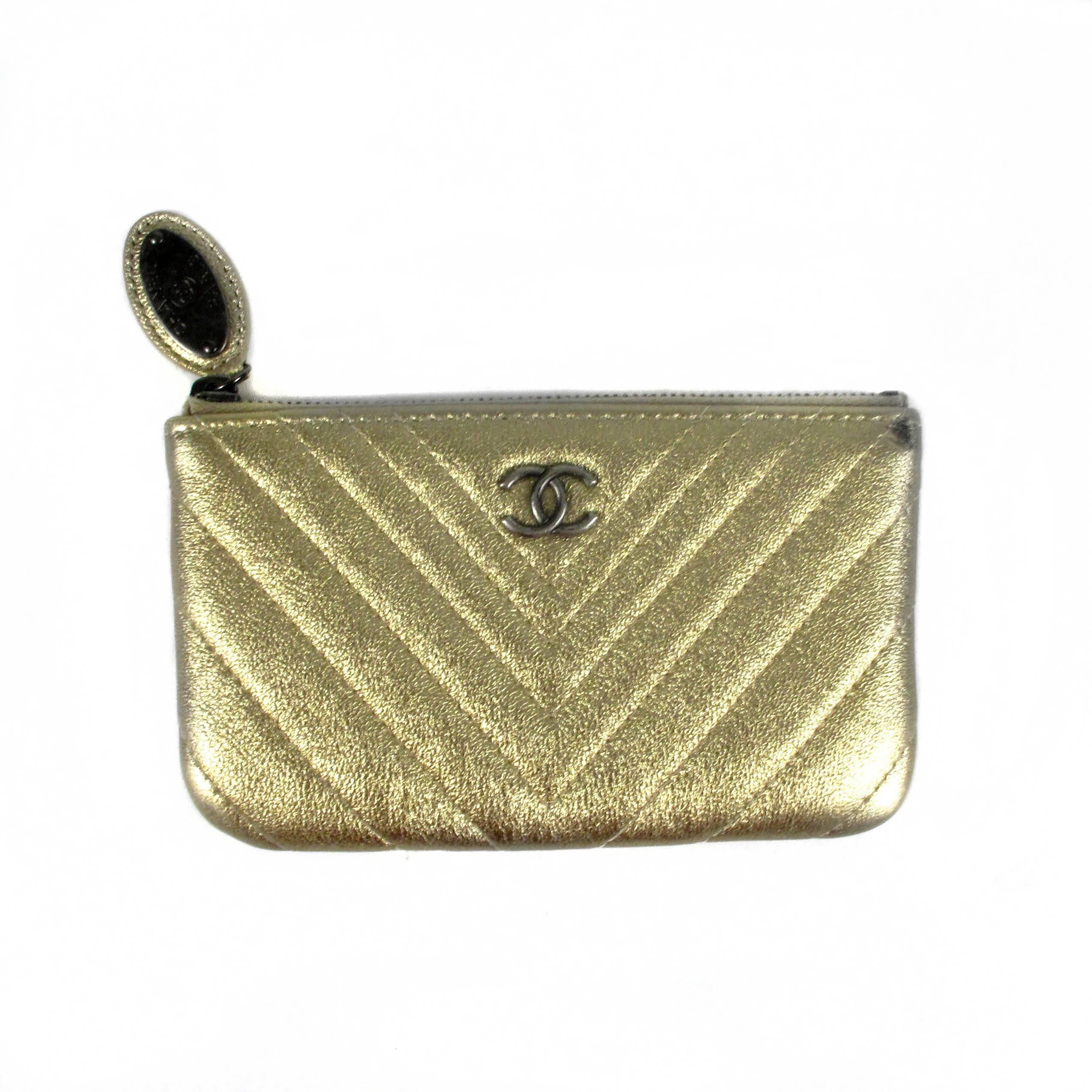 Chanel Pouch Clutch Bag - Gold Metallic Leather Chevron CC Logo Ocase O Case