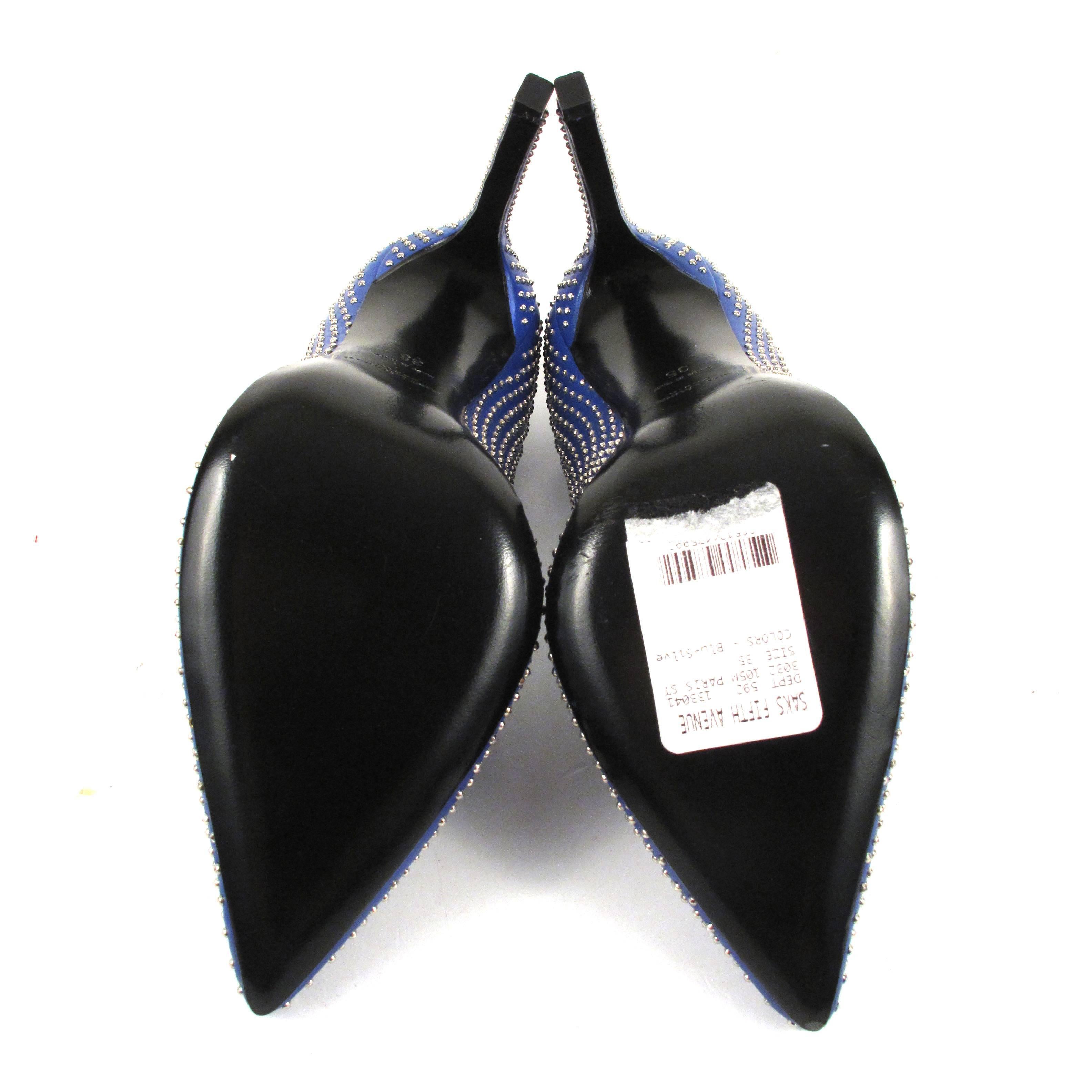 Saint Laurent Heels - New - 5 - 35 - Blue Leather Silver Studded Pumps Shoes 5.5 2