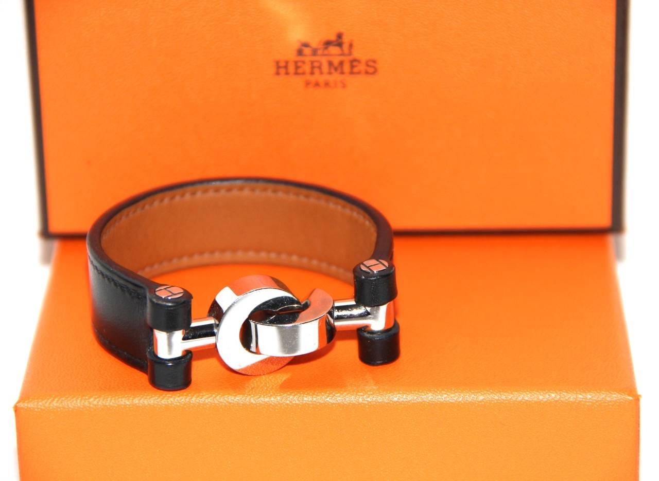 Hermes Black Box Leather Bracelet Silver Hardware Handcuffs Clasp In Excellent Condition In Geneva, CH