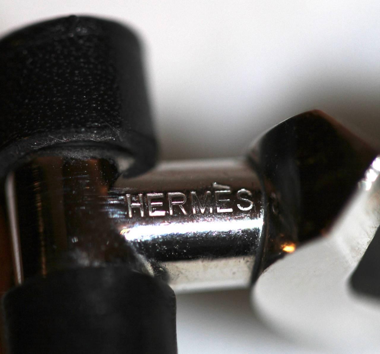 Women's or Men's Hermes Black Box Leather Bracelet Silver Hardware Handcuffs Clasp