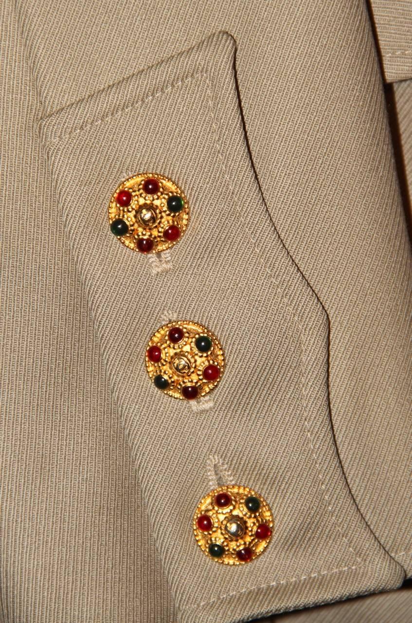 Beige Chanel Pant Suit Safari Style Jacket – Gripoix Buttons – Excellent Condition