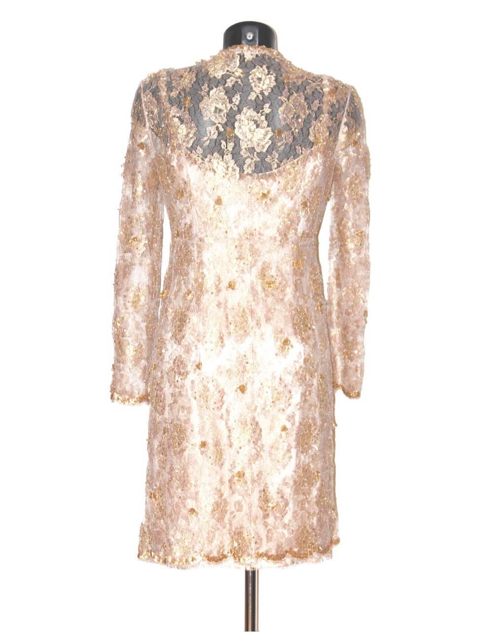 Escada Evening Knee-Length Dress and Long Jacket Gold Beige Floral Lace ...