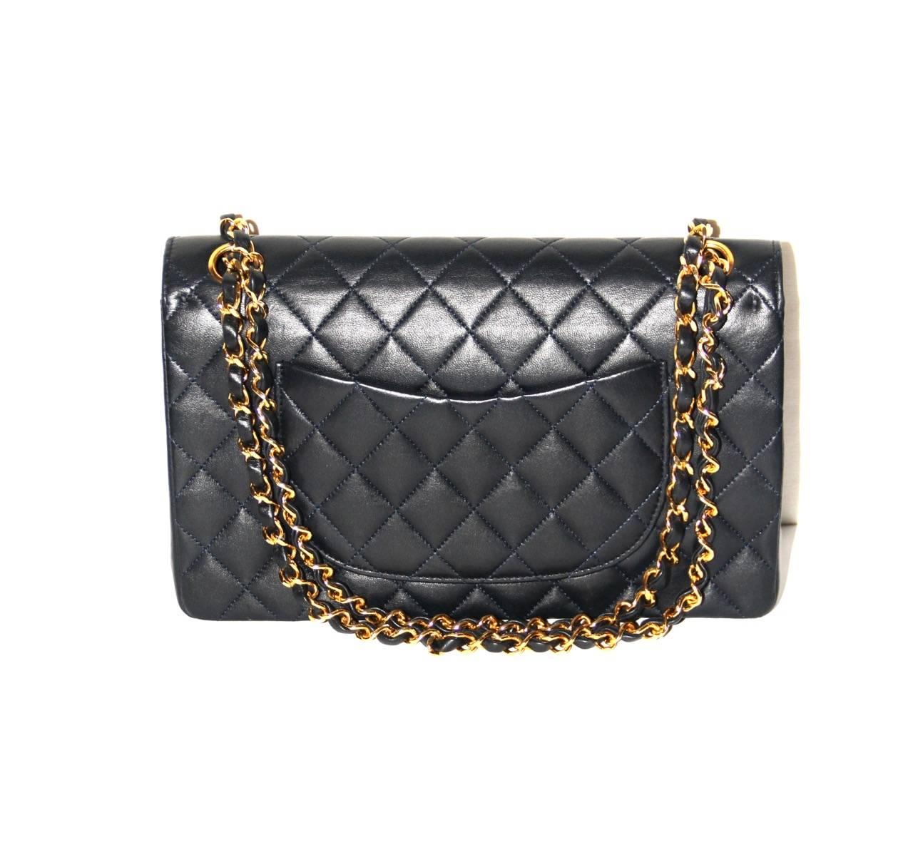 Black CHANEL Classic Timeless Dark Blue Quilted Leather Double Flap Bag