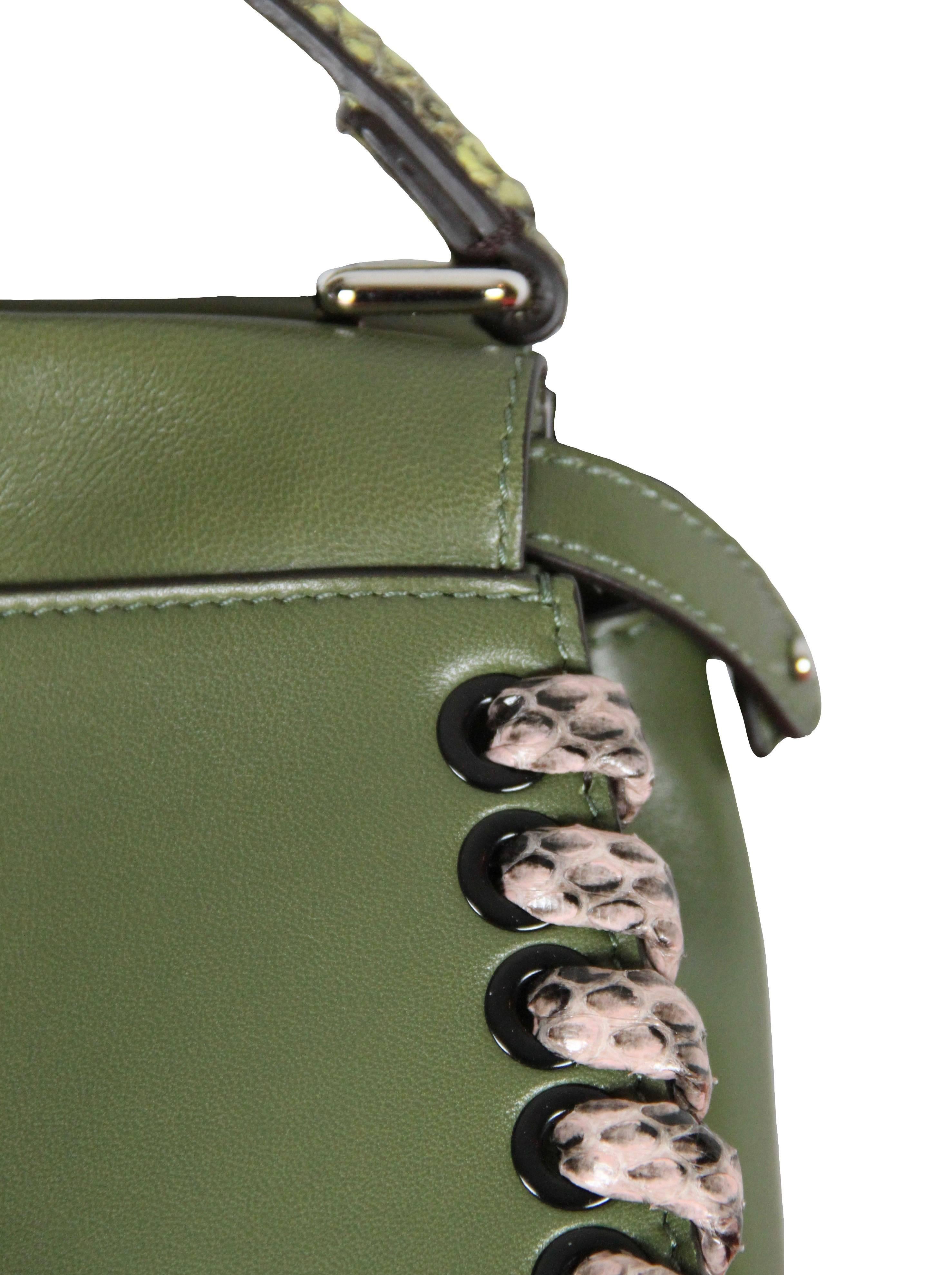 FENDI Mini Peekaboo Military Green Leather Elaphe-trimmed Handbag In New Condition In Geneva, CH