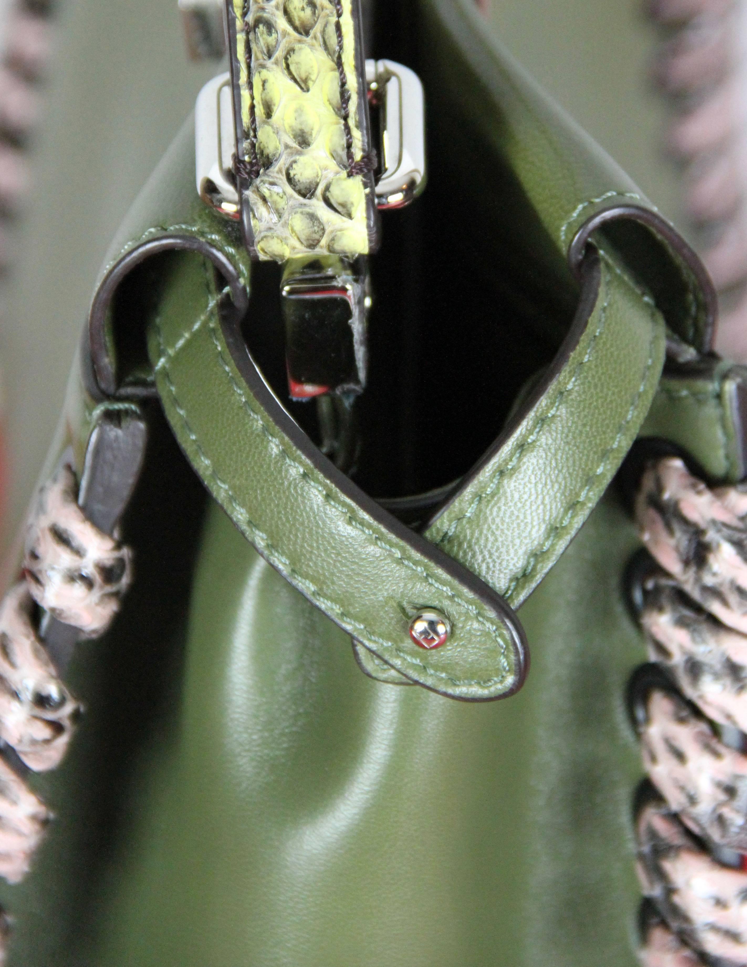 Women's FENDI Mini Peekaboo Military Green Leather Elaphe-trimmed Handbag