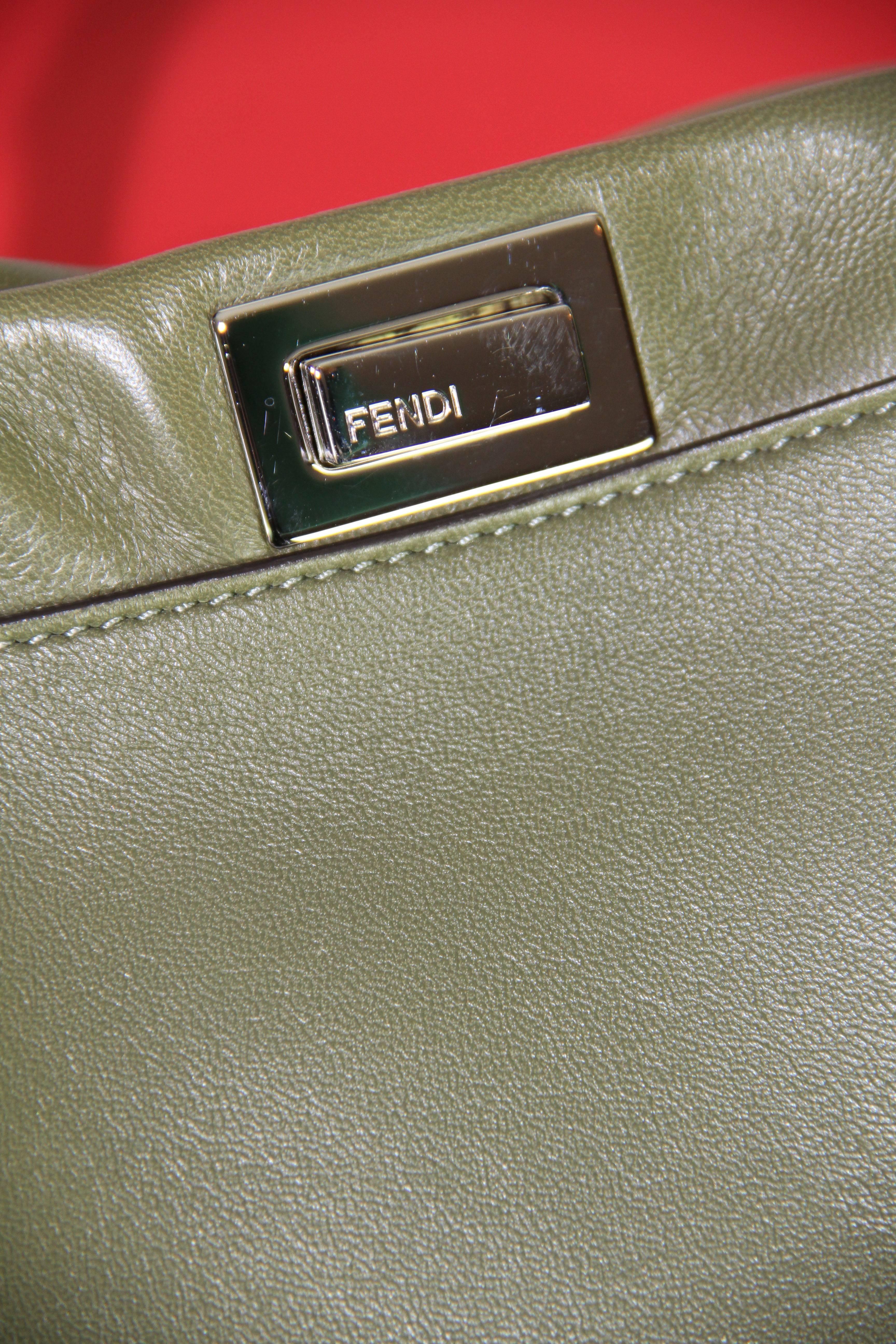 FENDI Mini Peekaboo Military Green Leather Elaphe-trimmed Handbag 3