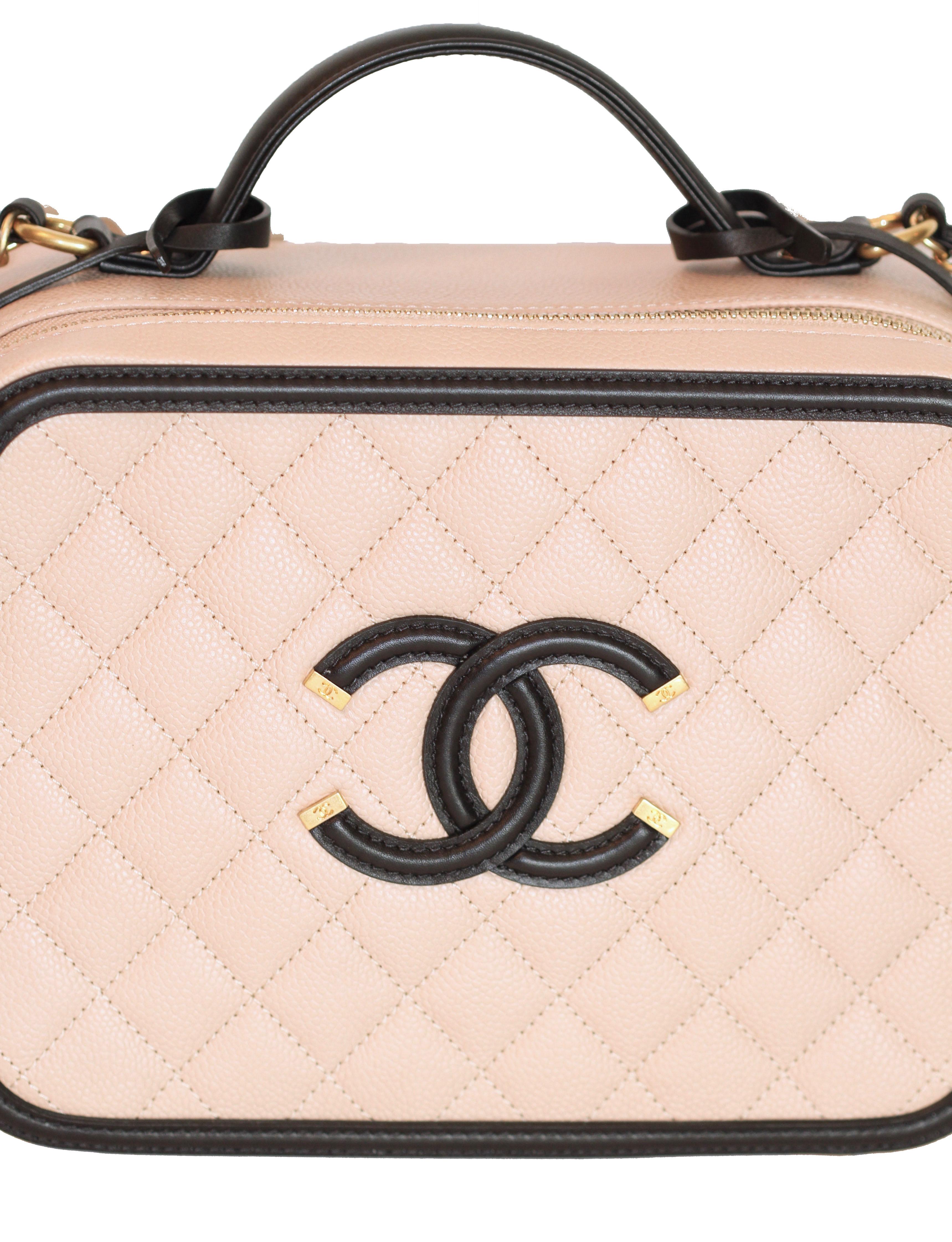CHANEL CC Filigree Vanity Case Nude / Black Grained Leather  2