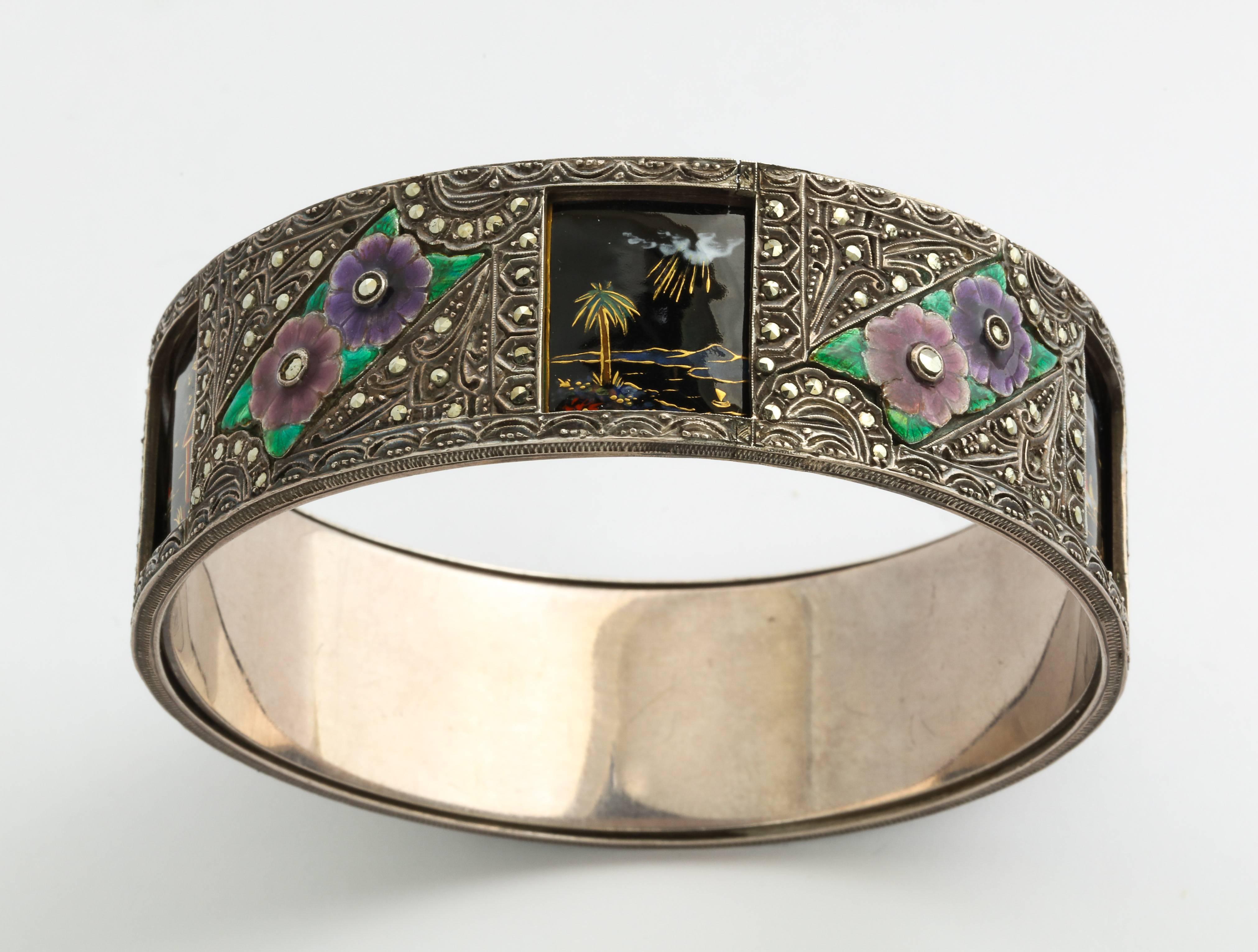 Art Deco Enamel, Marcasite and Silver Automated Bracelet In Excellent Condition In New York, NY
