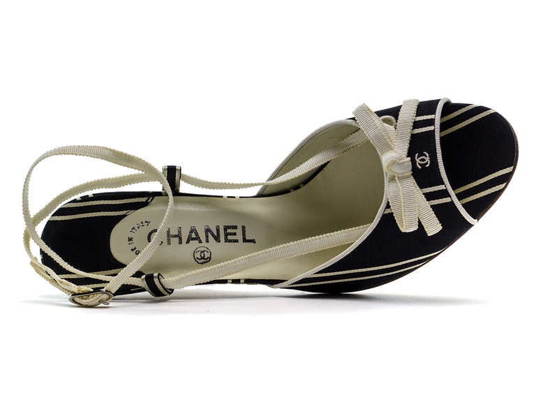 Chanel Navy Blue Striped Slingback Heels For Sale 1