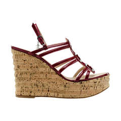 Chanel Red Patent Leather Cork Wedge Heels