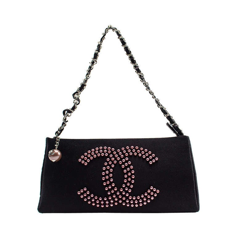 Chanel Satin Beaded Pochette Logo Bag at 1stDibs
