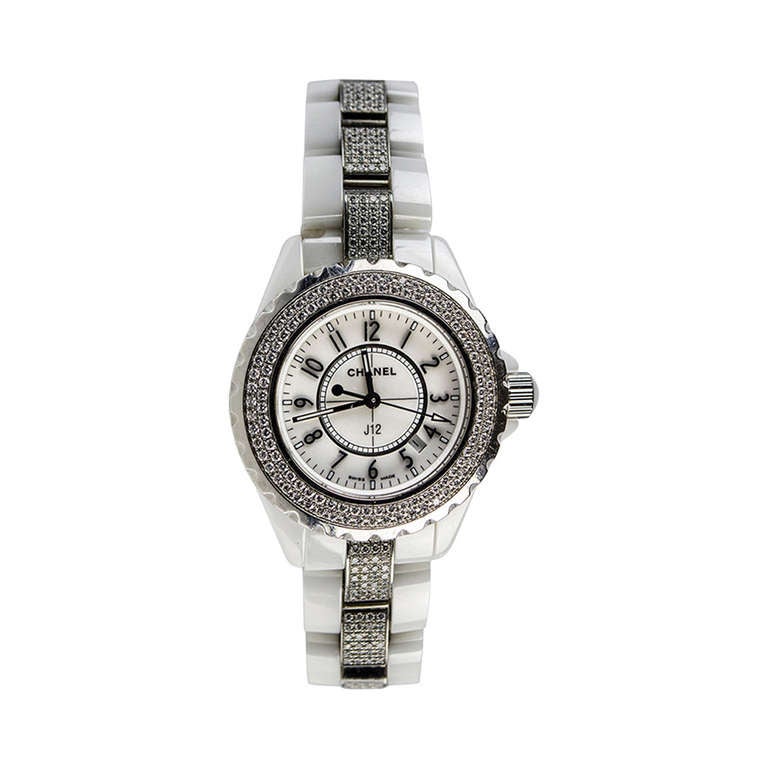 Chanel J12 White Ceramic Diamond Bezel Watch For Sale