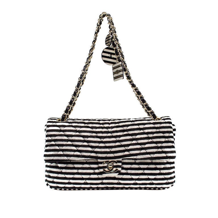 Rare Chanel Striped Velour Medium Flap Bag For Sale