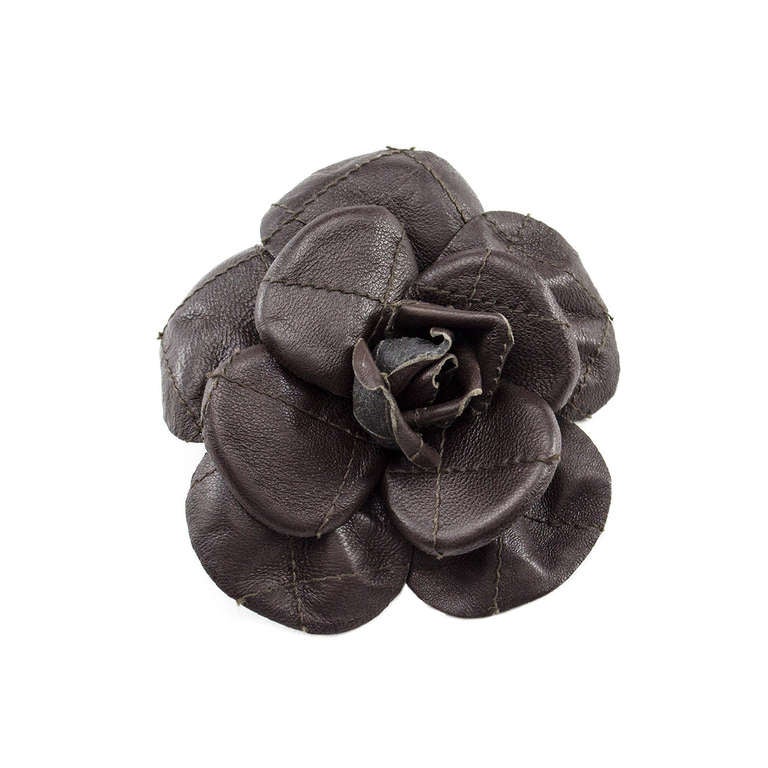 Chanel Quilted Leather Camellia Brooch For Sale