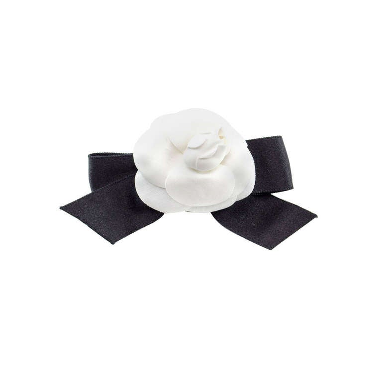 Authentic New Chanel Black/White Camelia Flower Satin Bow Barrette Hair  Clip Hair Accessory