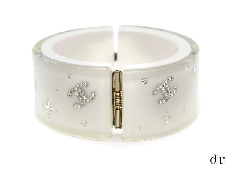 Chanel White Resin Swarovski Crystal Cuff