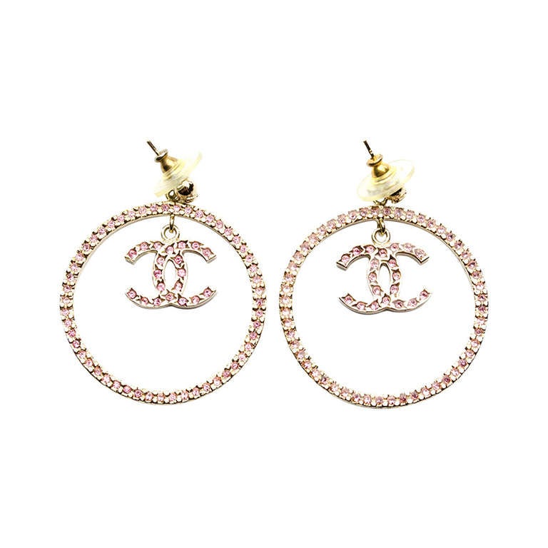 Chanel Pink Swarovski Hoop Earrings For Sale