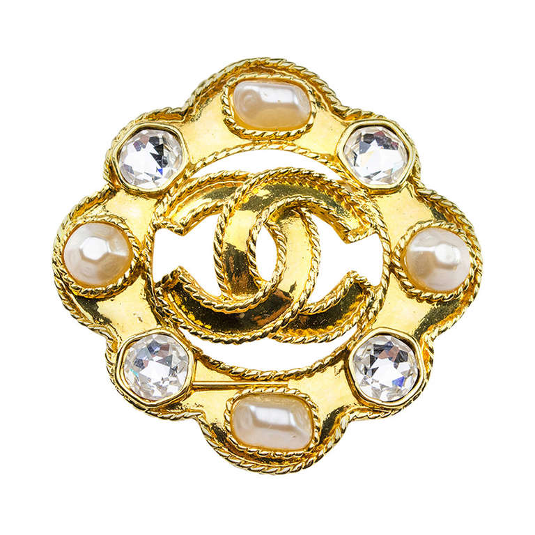 Chanel Vintage Pearl Logo Brooch For Sale