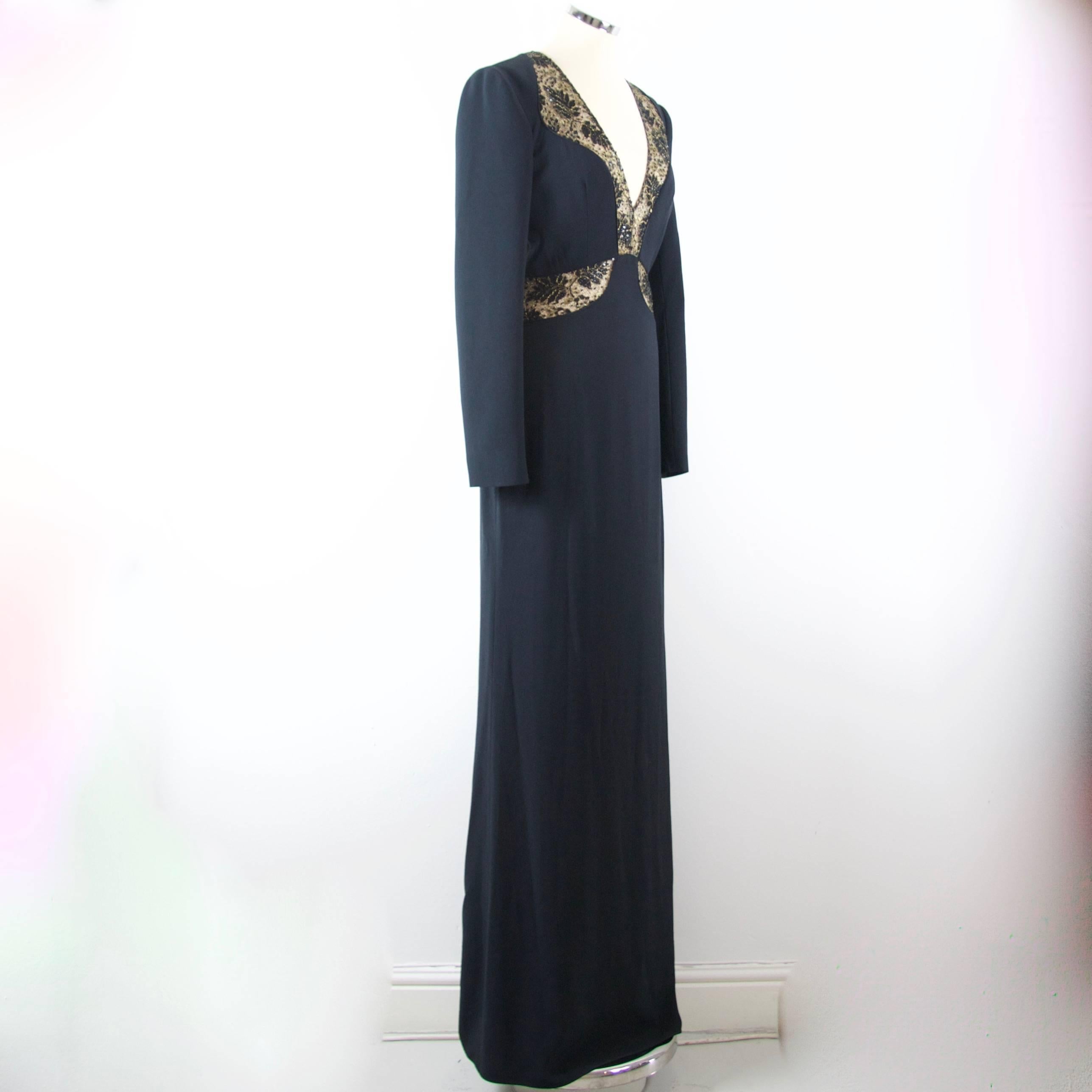 Women's Alexander McQueen 2014 black evening dress with old gold and black lace detail