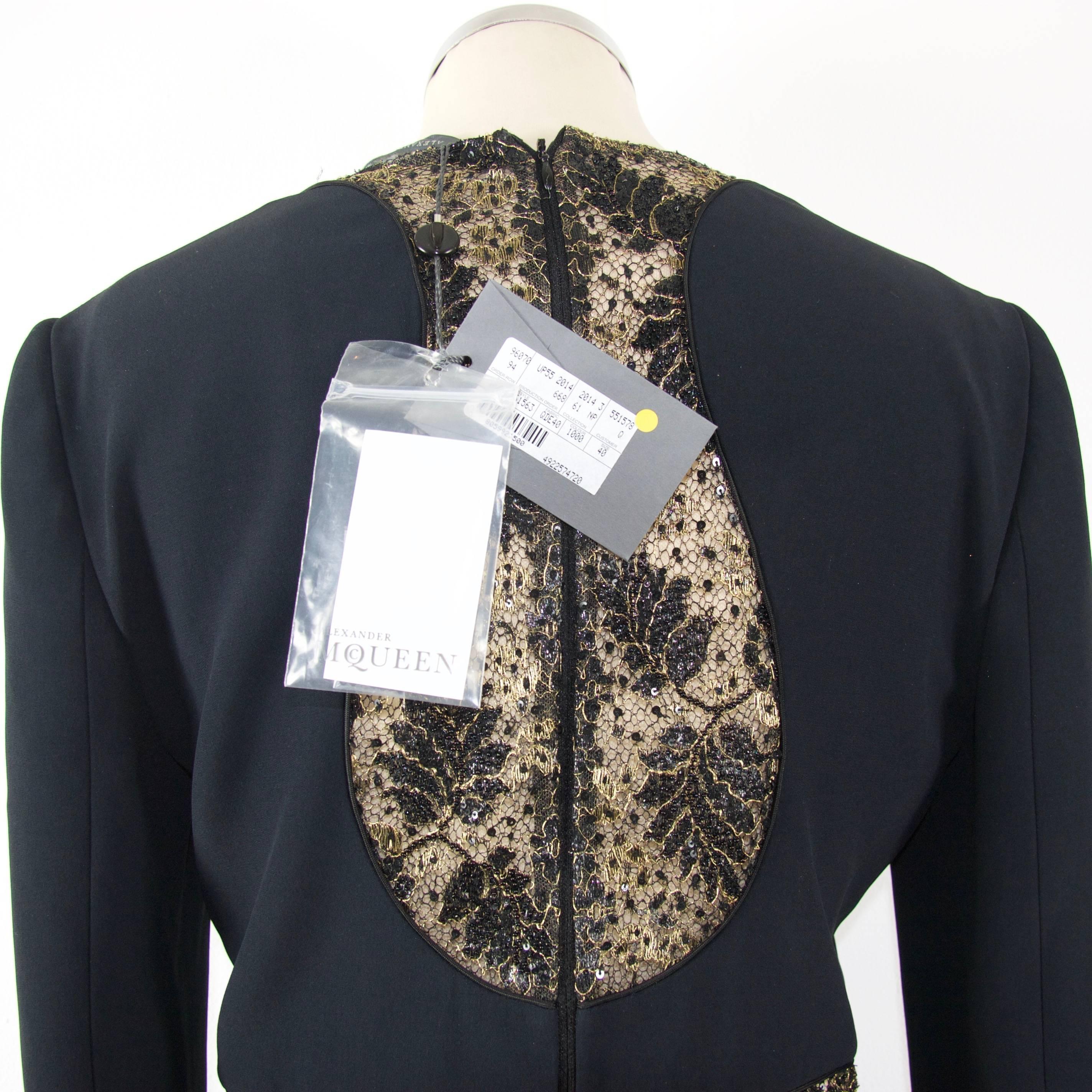 Alexander McQueen 2014 black evening dress with old gold and black lace detail 1