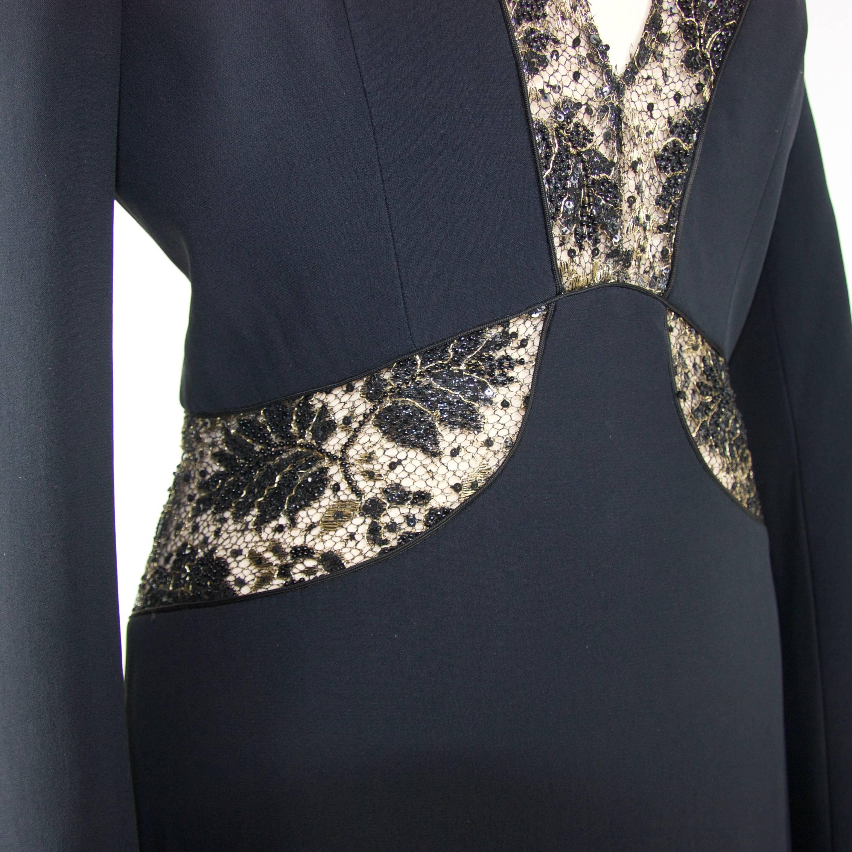 Alexander McQueen 2014 black evening dress with old gold and black lace detail In New Condition In London, GB