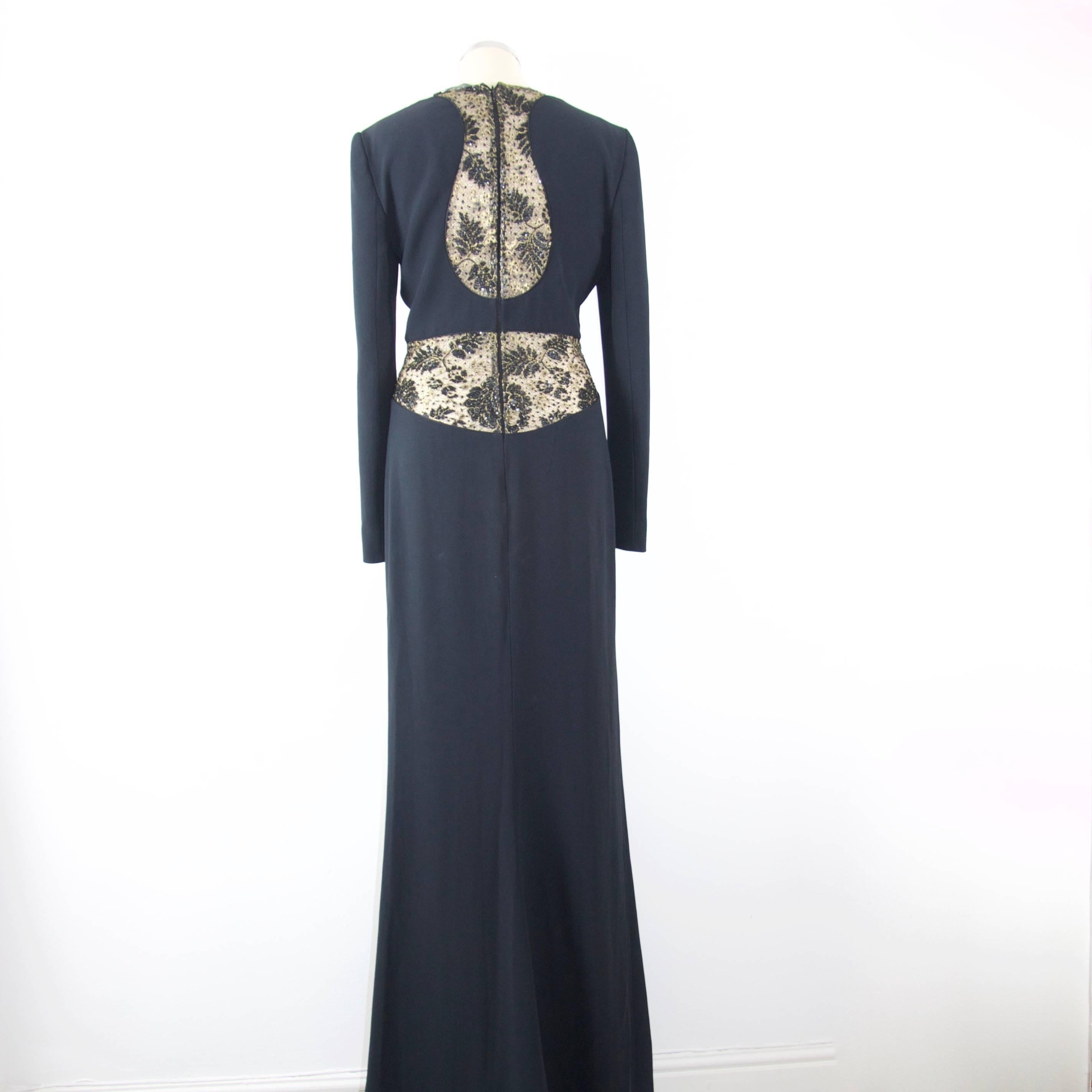 Black Alexander McQueen 2014 black evening dress with old gold and black lace detail