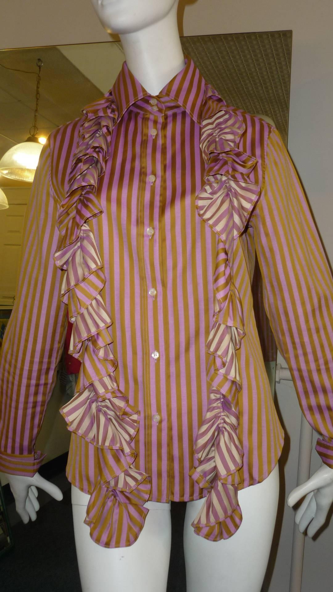 Gold and mauve stripes, the detachable frilly tie allows you to wear it day and evening. The cotton is lovely and silky.