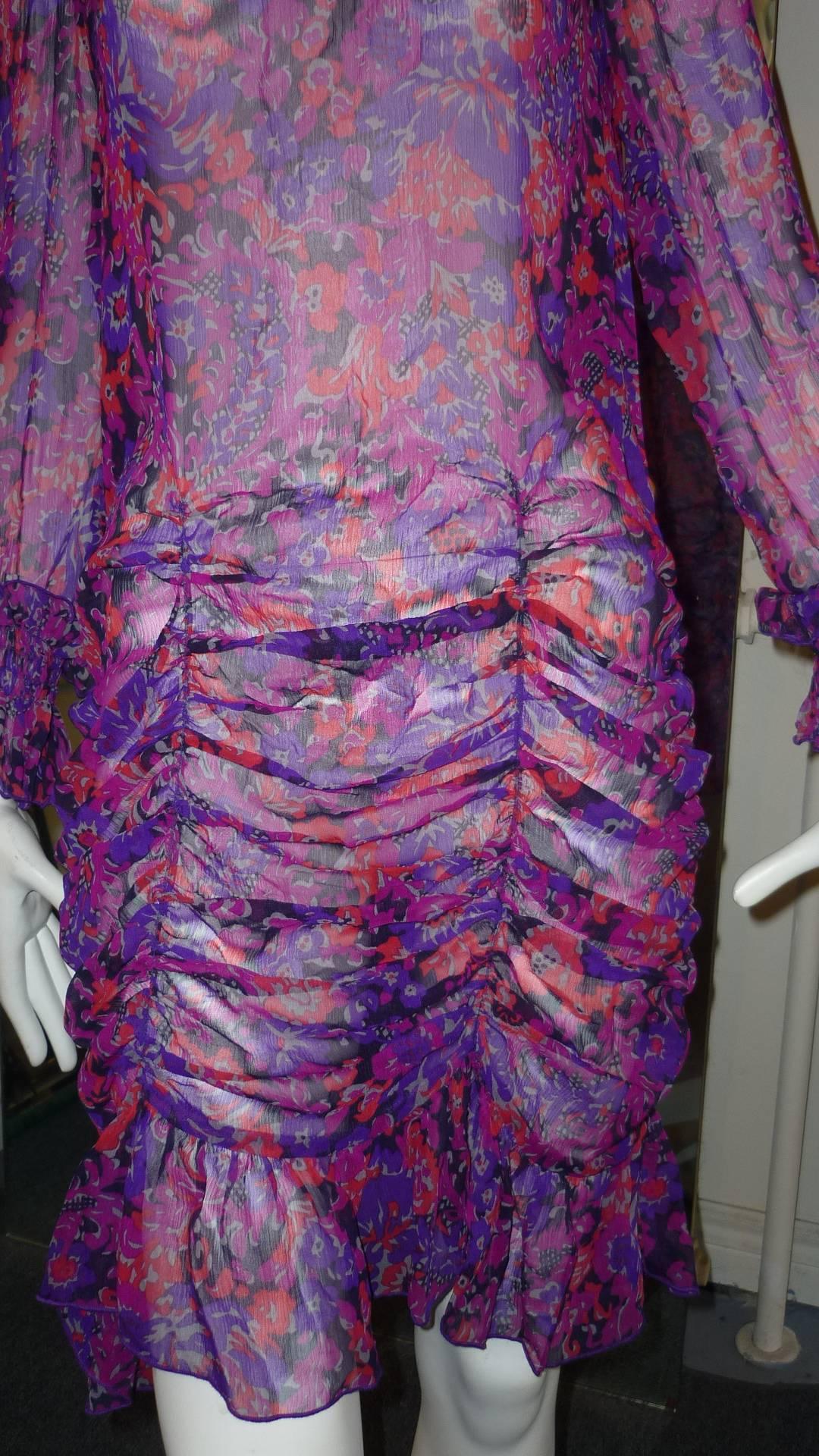 Gray 1990s Anna Sui Silk Sheer Floral Dress