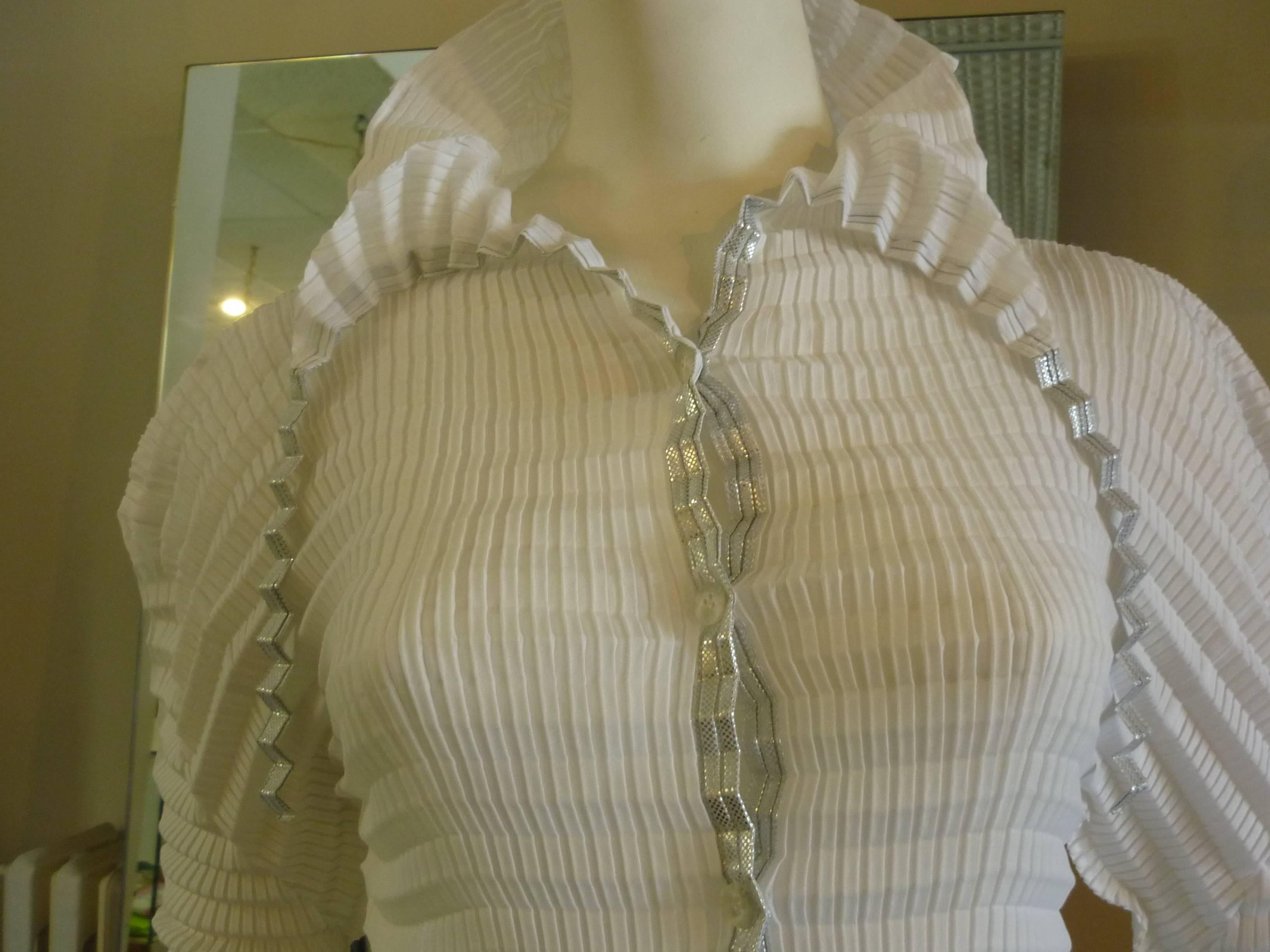 Issey Miyake White Blouse with Silver Trim  4